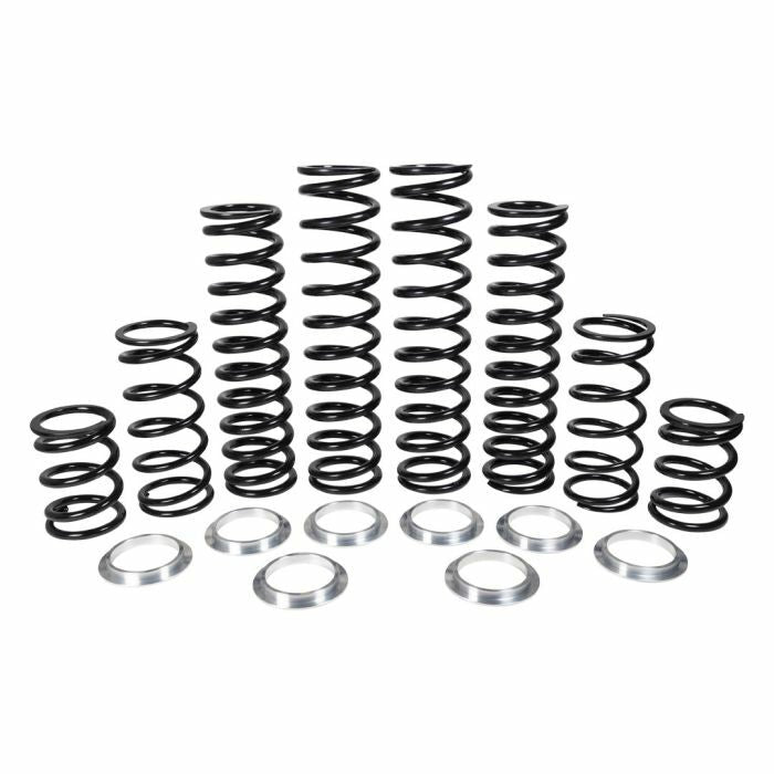 The Kawasaki Krx 4 1000 Stage 1 Full Spring Kit by ZBroz includes ten black metal coil springs of varying heights in a row for improved bottoming resistance, with ten silver metal rings displayed in front on a white background.