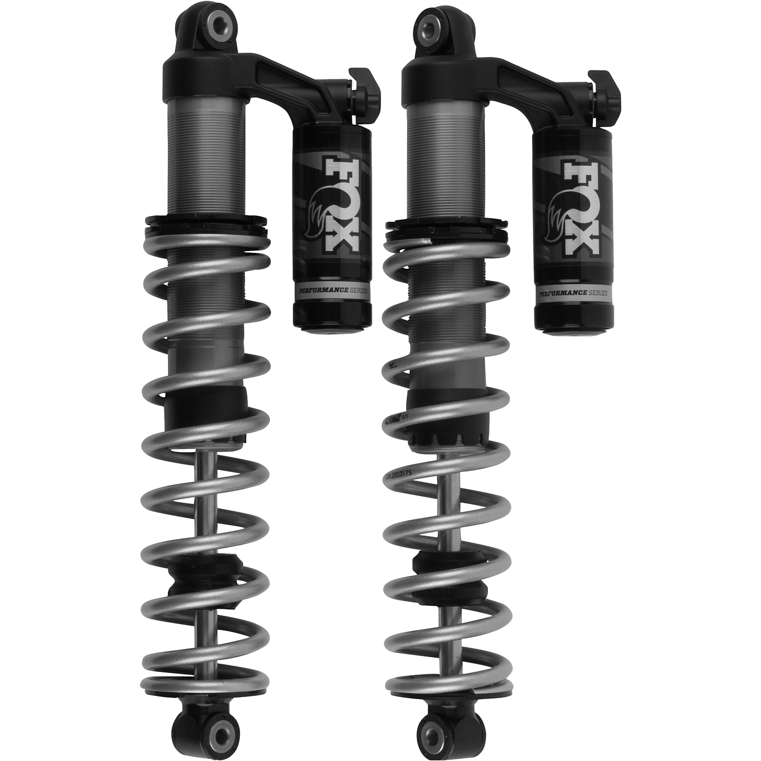 Two Honda Pioneer 700 (2 Seat) 1.5 QS3 front shocks by Fox, displayed upright side by side with visible metal springs and detailed components in a grayscale image.