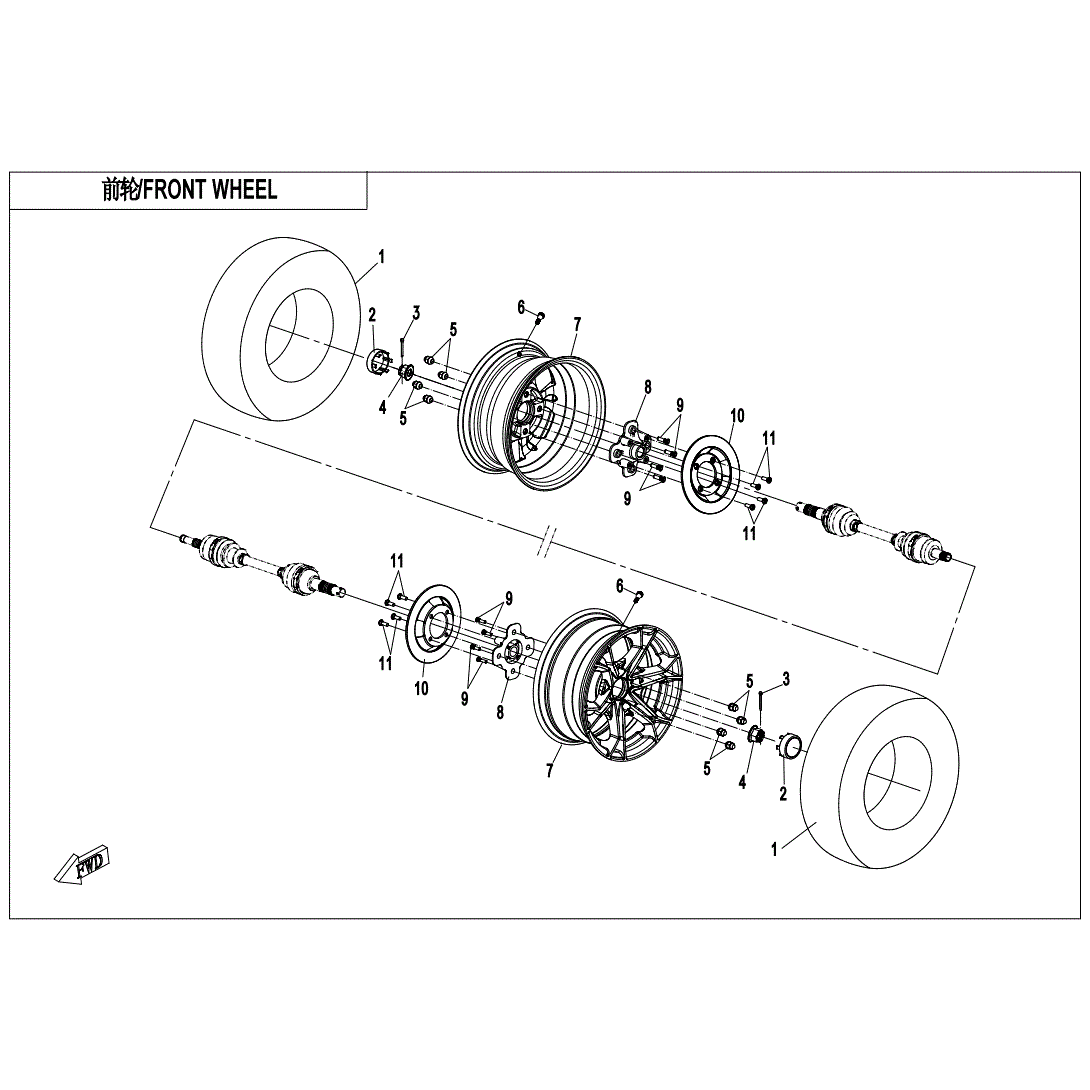 An Image of a genuine CFMOTO Parts Schematic Diagram showing the group - FRONT WHEEL - 2023 CFMOTO CFORCE 800 XC