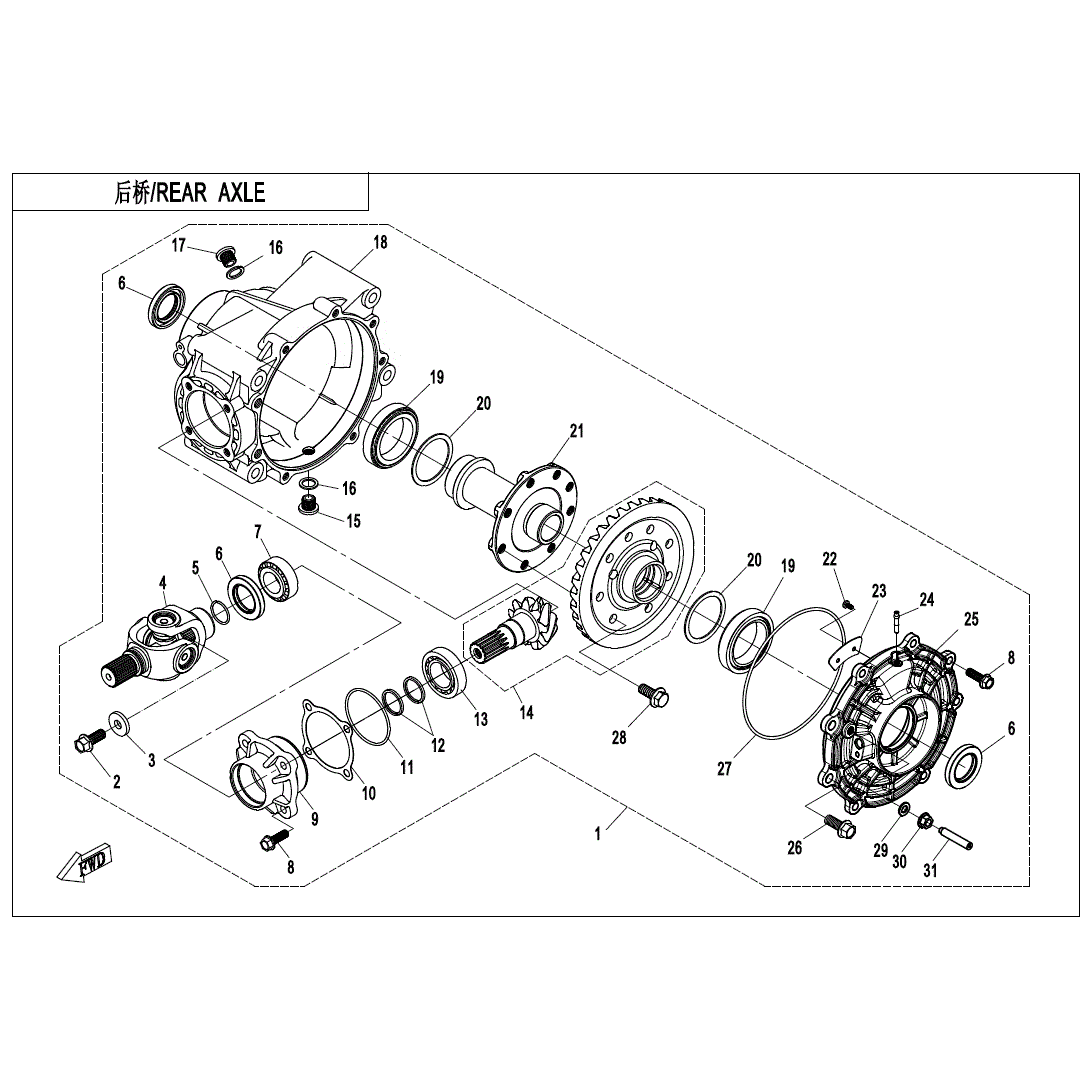 An Image of a Genuine CFMOTO Parts Schematic Diagram showing the schematic - REAR AXLE - 2022 CFMOTO UFORCE 800