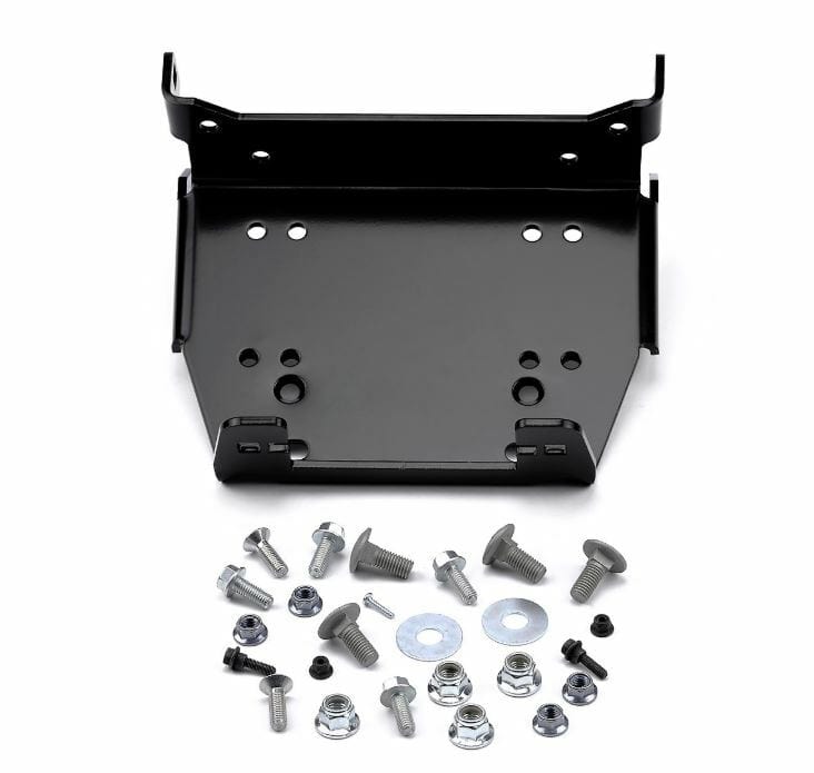 The Yamaha Viking Winch Mounting Kit by Warn—in black, corrosion-resistant metal—is shown above included bolts, nuts, screws, and washers neatly arranged on a white background.