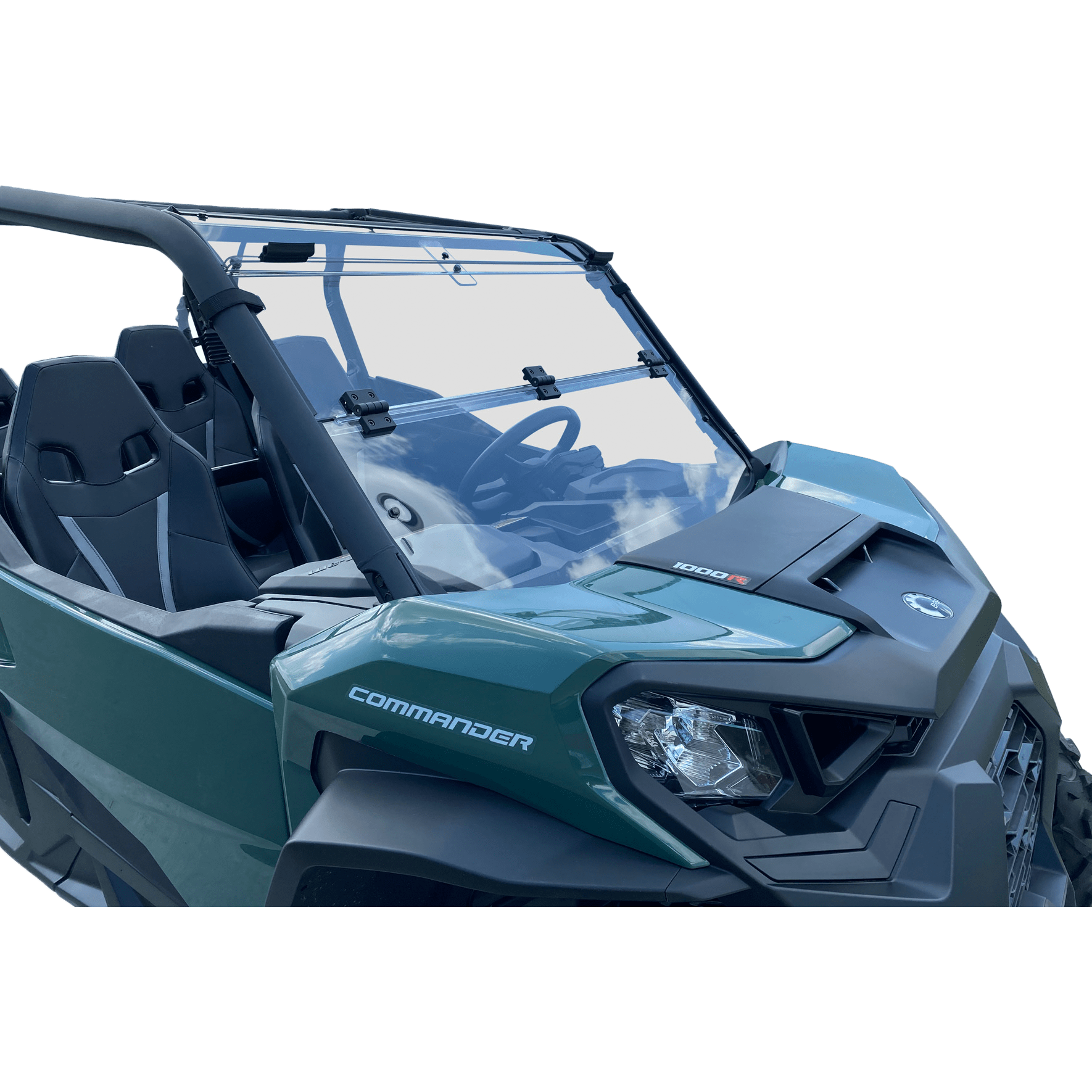A green off-road utility vehicle with Commander labeling, two seats, a rugged front design, and a clear Folding Windshield by Open Trail designed for optimal air flow.