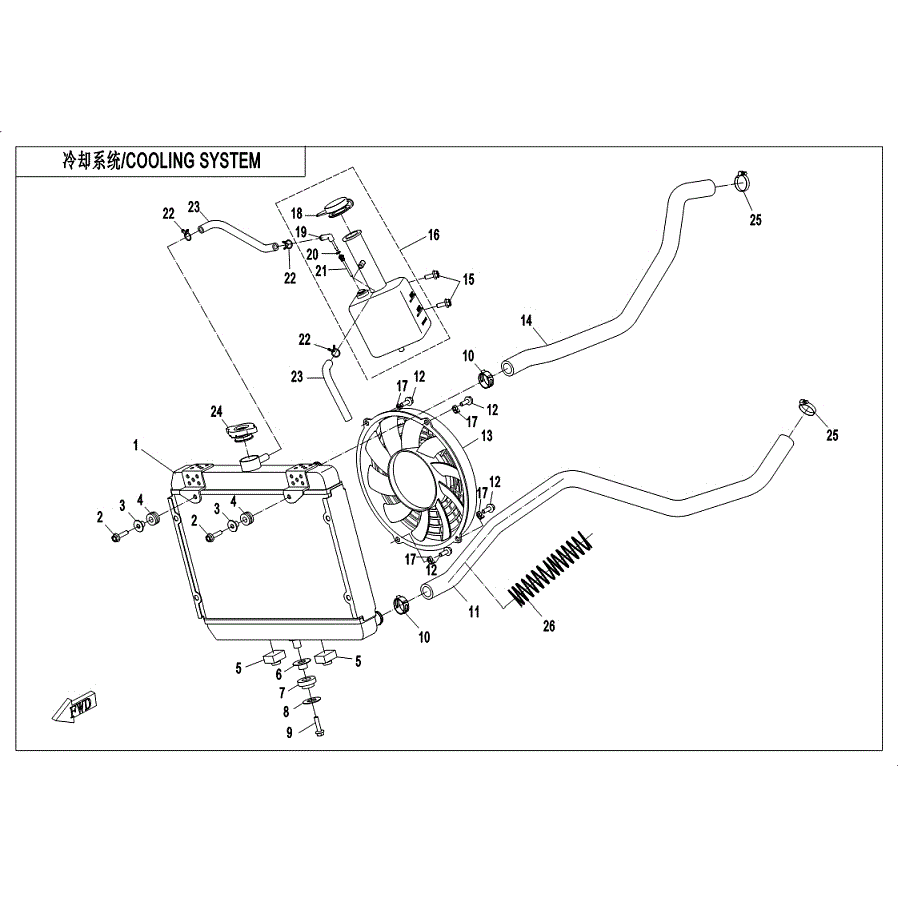 An Image of a genuine CFMOTO Parts Schematic Diagram showing the group - COOLING SYSTEM - 2019 CFMOTO CFORCE 600