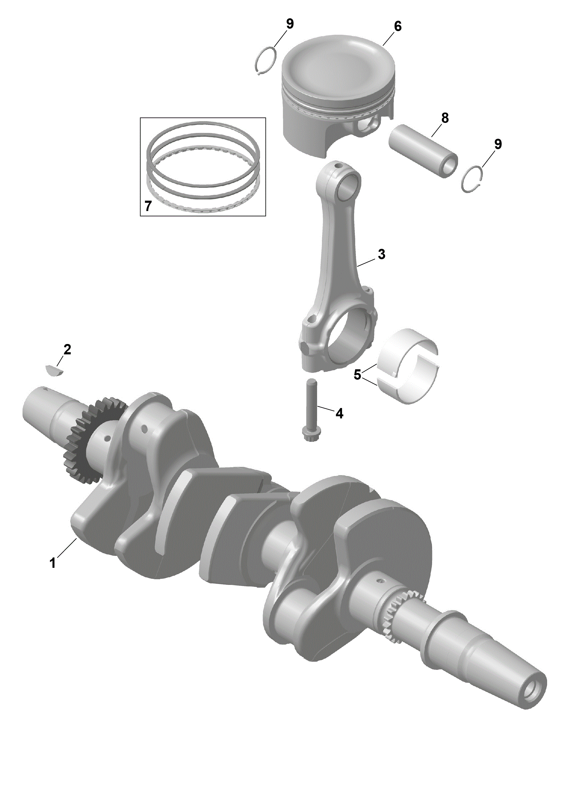 An Image of a Genuine Can-Am Parts Schematic Diagram showing the schematic - ROTAX - CRANKSHAFT AND PISTONS