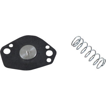 The Yamaha Air Cut Off Valve Kit by Shindy, featuring a compact black and silver diaphragm valve with three holes, a coiled metal spring, and an O-ring, is displayed on a white background.