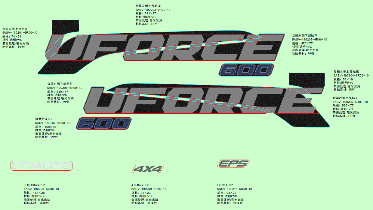 Upper Decal Cargo Box RH Side Plate by CF Moto: Technical sticker designs for UFORCE 600 in Chinese, with PHOTO, 4X4, and EPS logos at the bottom on a light green background. Find genuine CFMoto parts at Witchdoctors.com or shop quality OEM parts!.