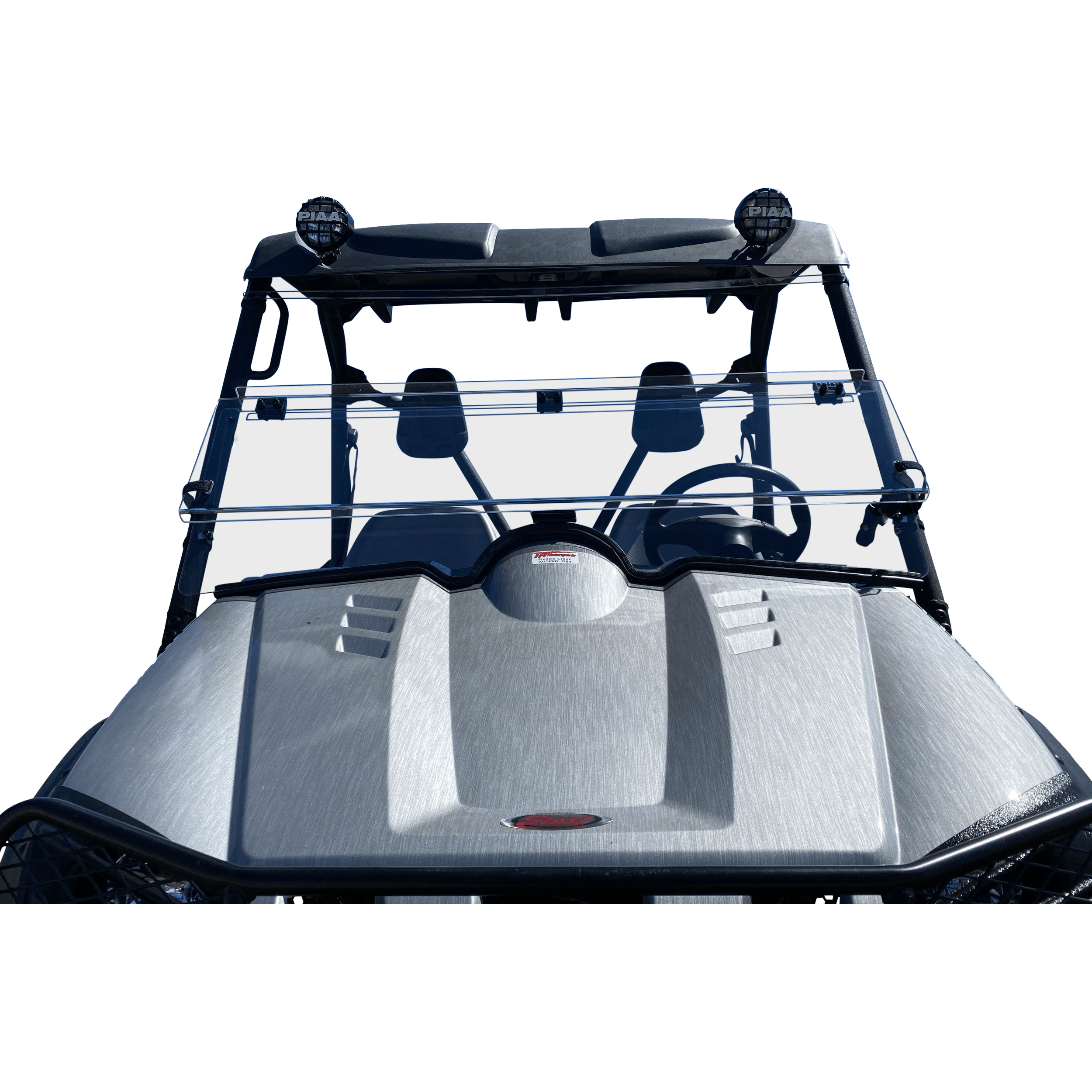 Front view of a utility vehicle featuring the Folding Windshield by Open Trail for improved airflow, two seats, steering wheel, roof-mounted off-road lights, and a matte gray hood.