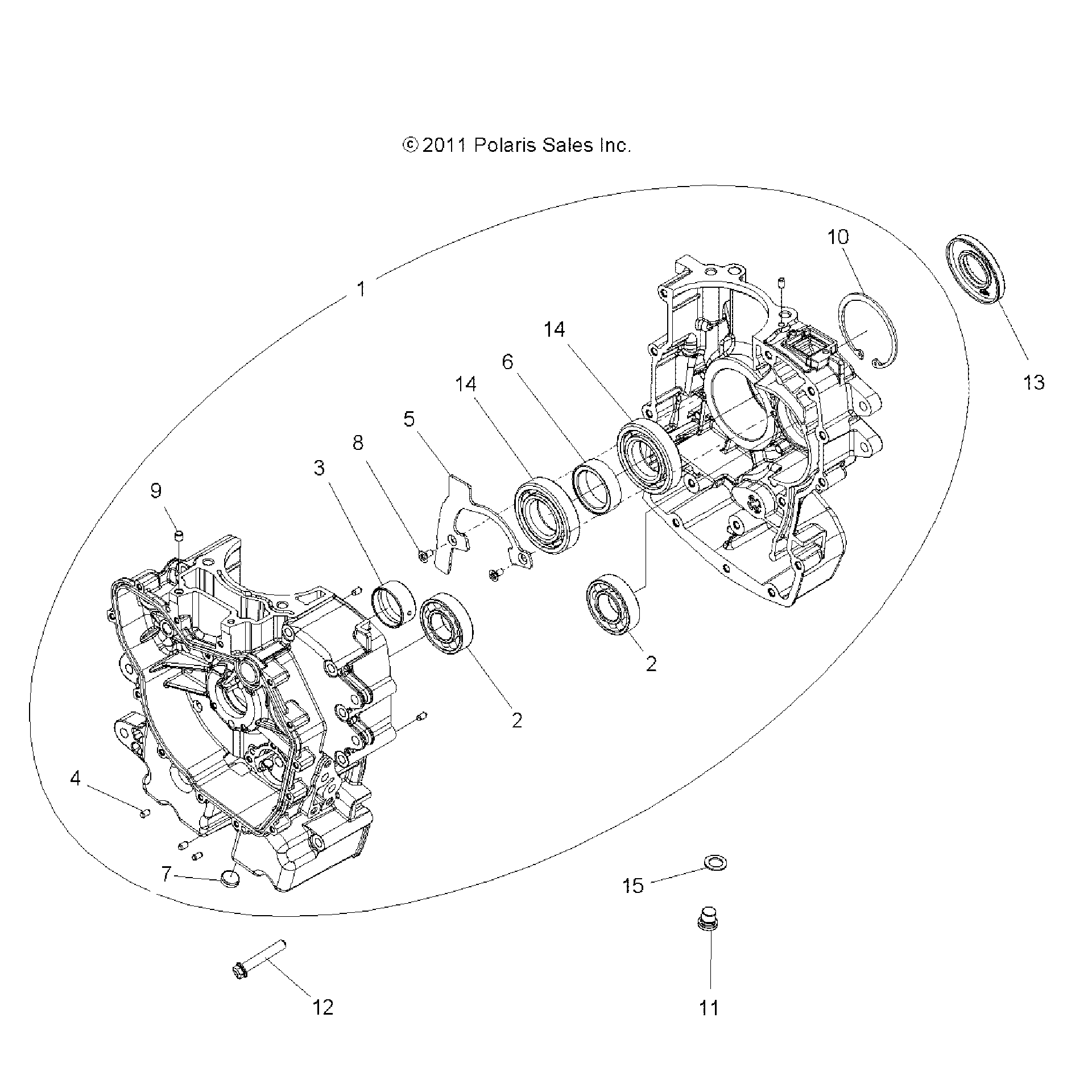 An Image of a Genuine Polaris Parts Schematic Diagram showing the schematic - ENGINE: CRANKCASE - 2015 POLARIS SPORTSMAN ACE 570 EFI