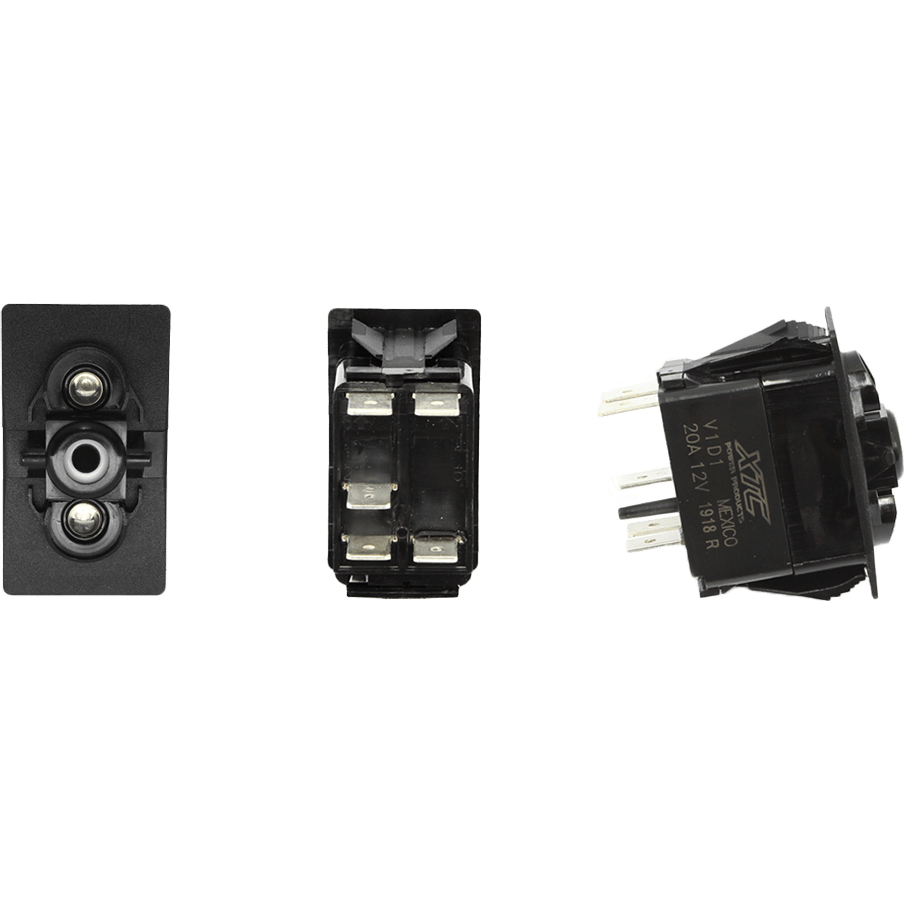 Three views of the Dash Switch Body Single Acc Blue/Blue by XTC Power: front shows the actuator, bottom features four metal terminals, side displays specs. Perfect for UTV Wiring Solutions with Ignition Protection design.
