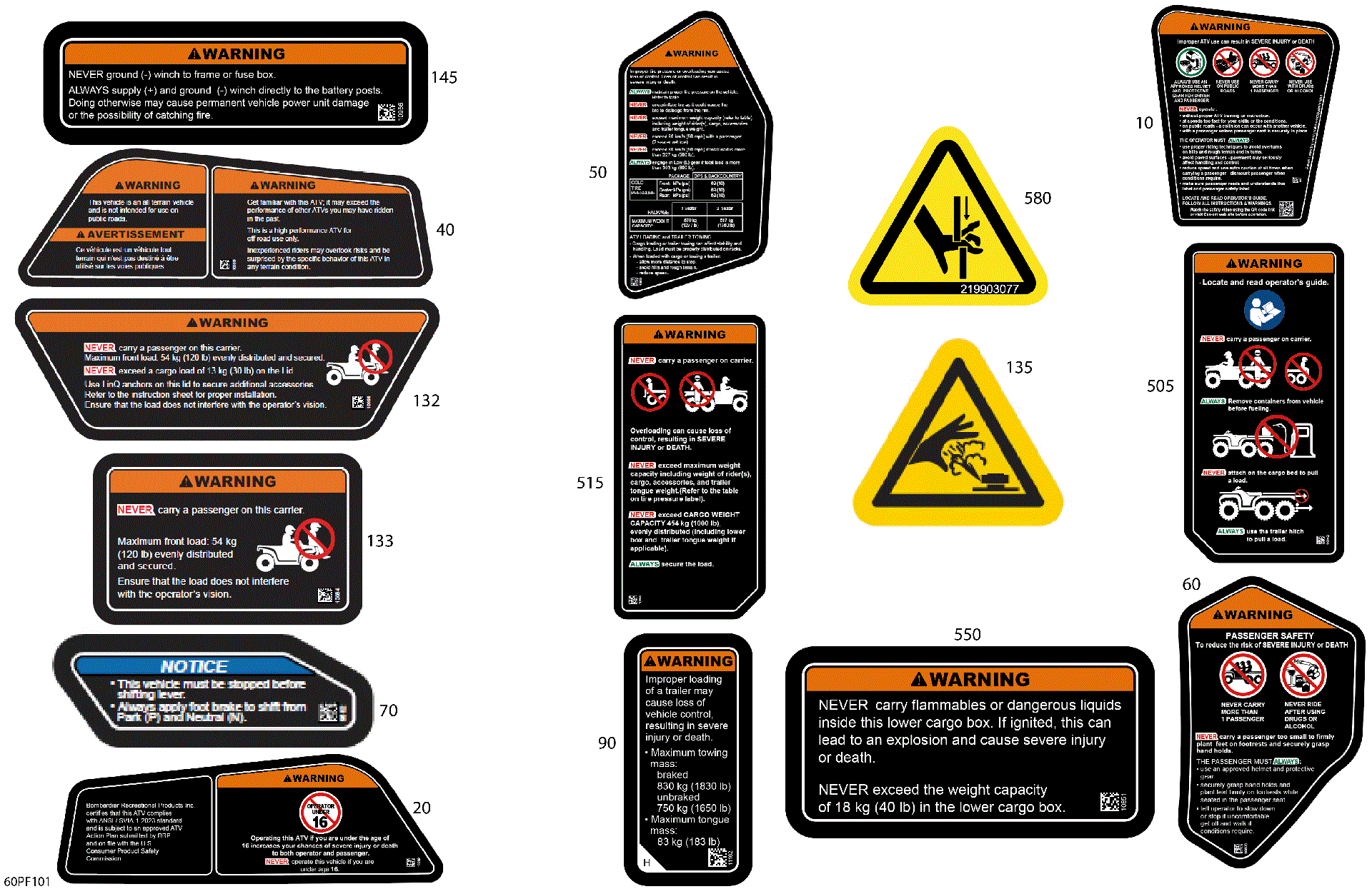 An Image of a Genuine Can-Am Parts Schematic Diagram showing the schematic - BODY - WARNING DECALS