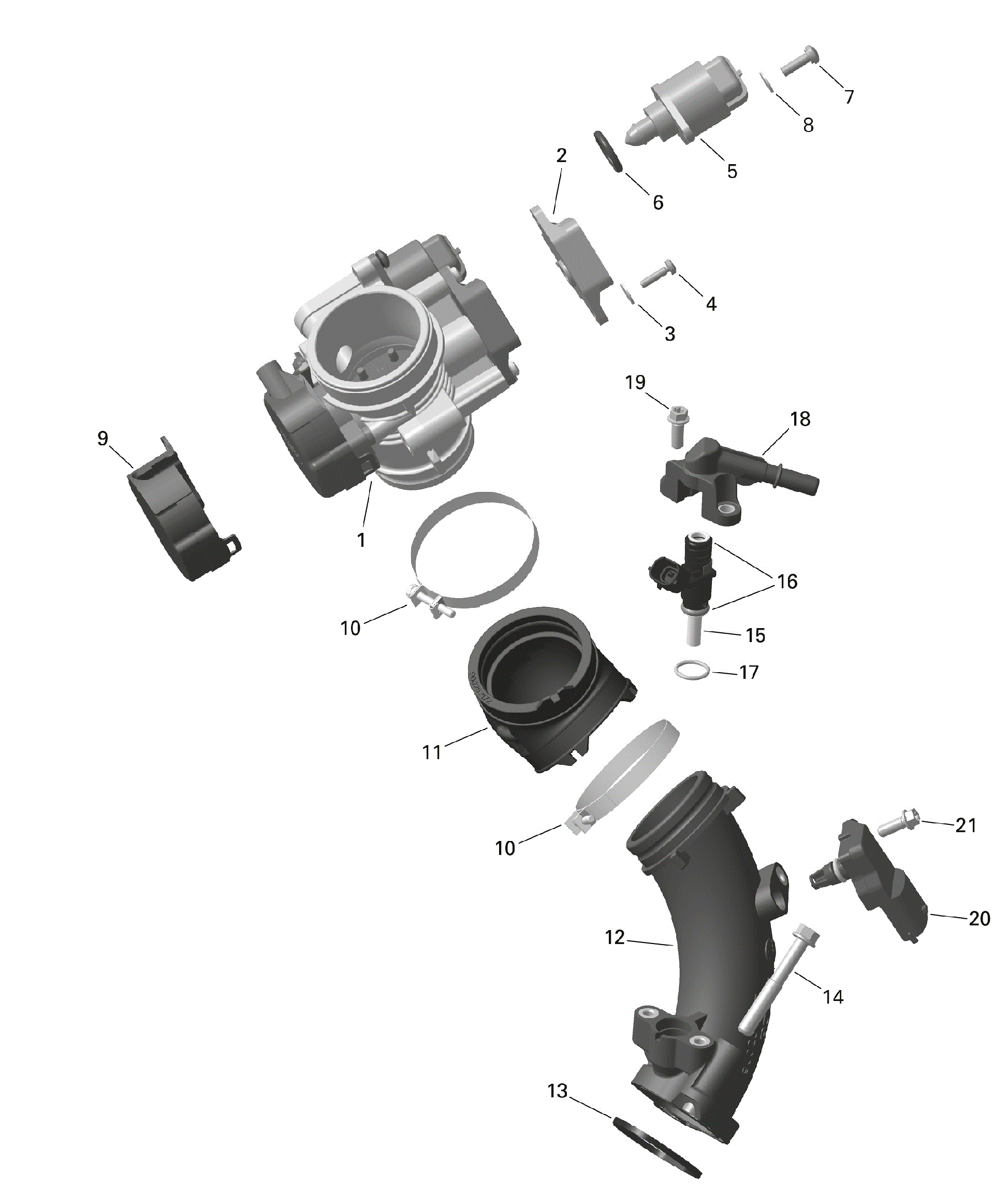 An Image of a Genuine Can-Am Parts Schematic Diagram showing the schematic - ROTAX - AIR INTAKE MANIFOLD AND THROTTLE BODY
