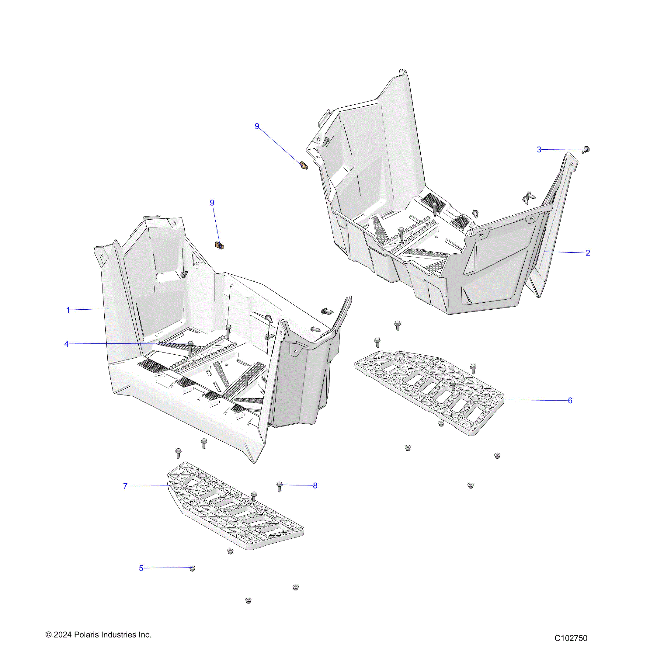 An Image of a Genuine Polaris Parts Schematic Diagram showing the schematic - BODY: FOOTWELLS - 2025 POLARIS SCRAMBLER 850 48"