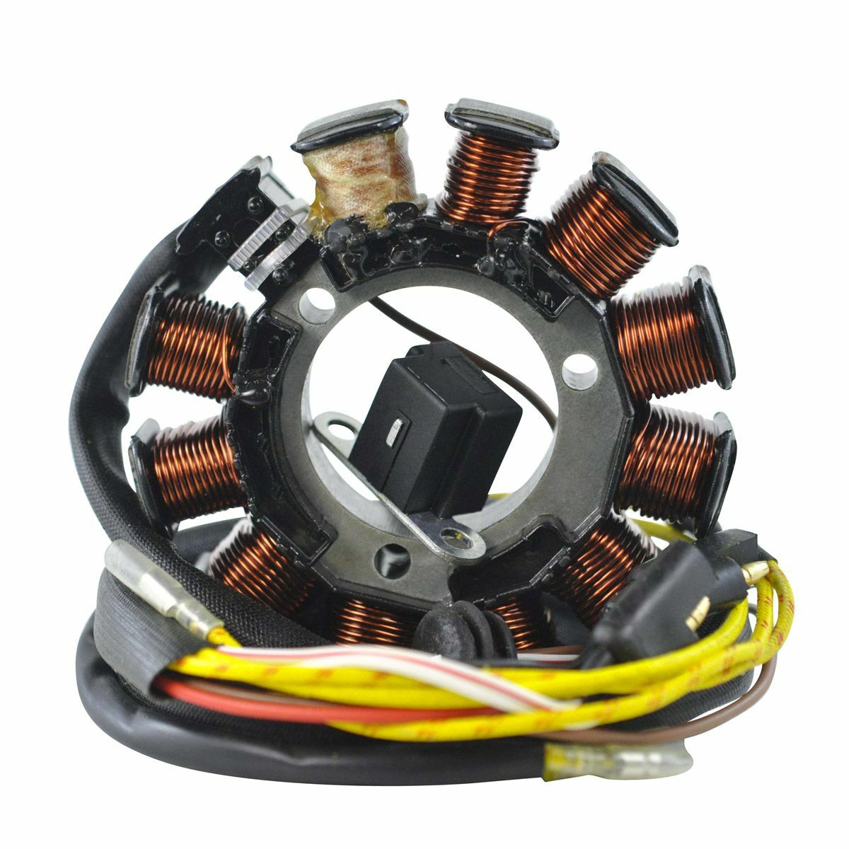 Circular stator coil with copper wire windings mounted on a metallic frame, connected to yellow, red, and black insulated.