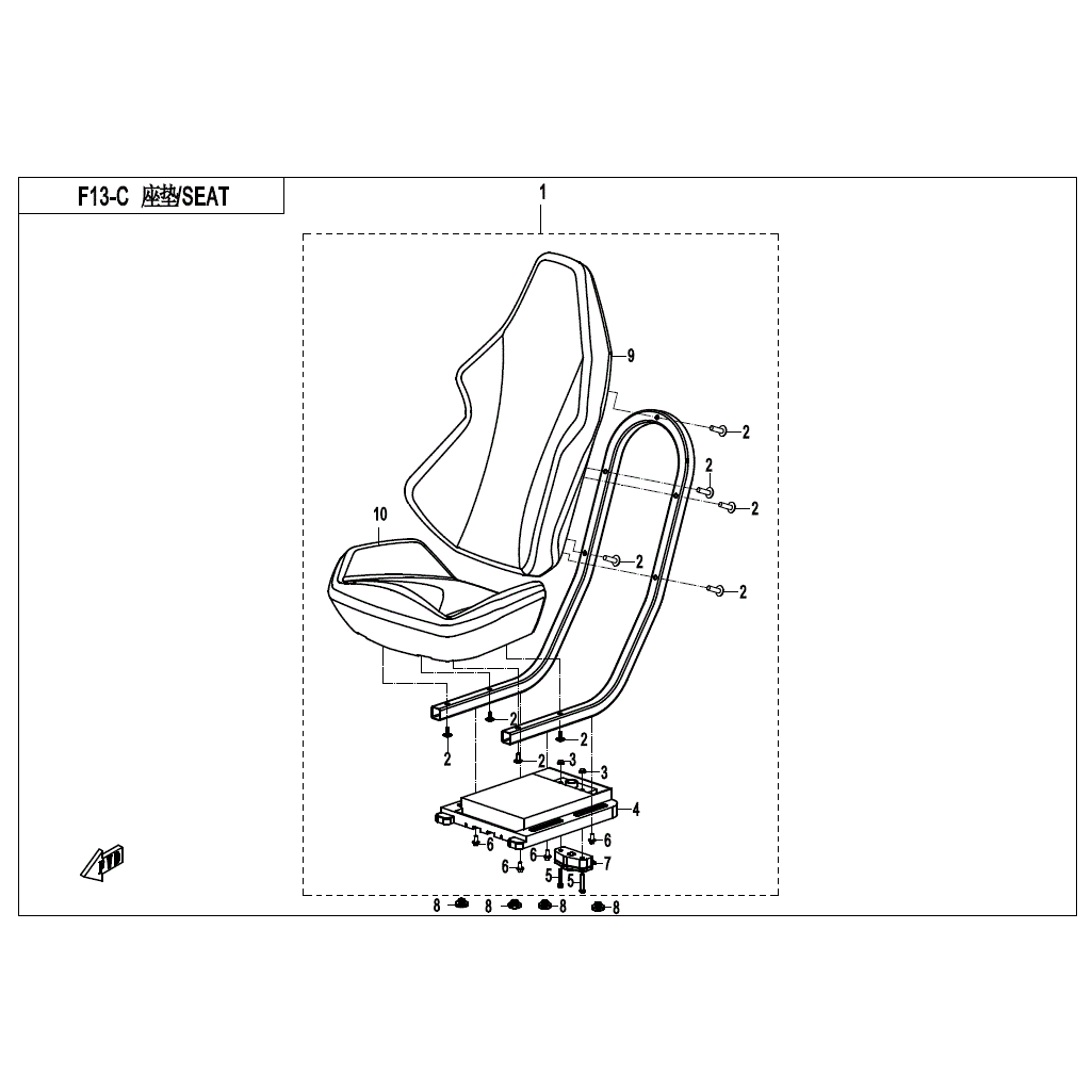 An Image of a Genuine CFMOTO Parts Schematic Diagram showing the schematic - SEAT (BLACK&WHTIE) - 2021 CFMOTO ZFORCE 800 Trail