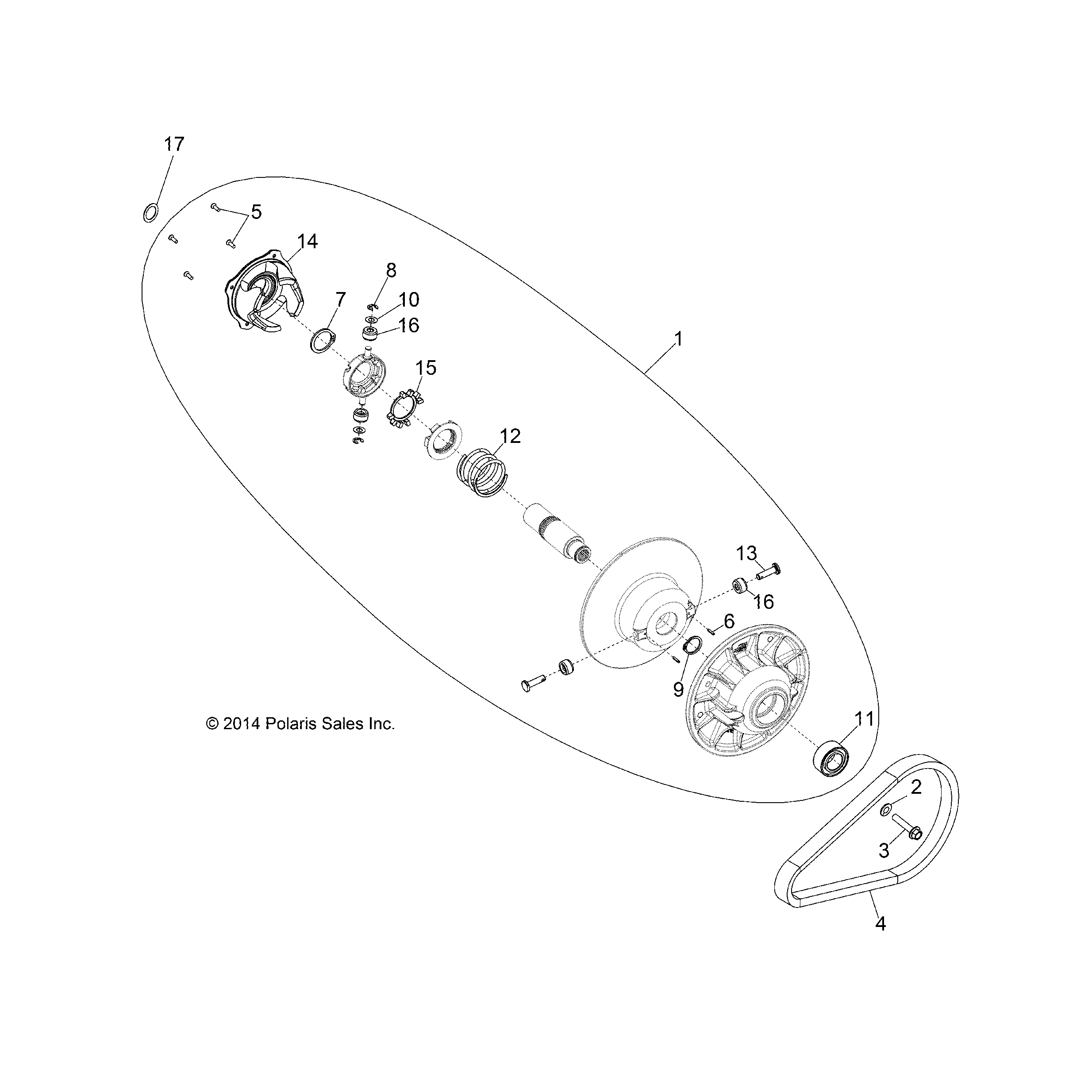 An Image of a Genuine Polaris Parts Schematic Diagram showing the schematic - DRIVE TRAIN: SECONDARY CLUTCH - 2016 POLARIS ACE 570 EFI