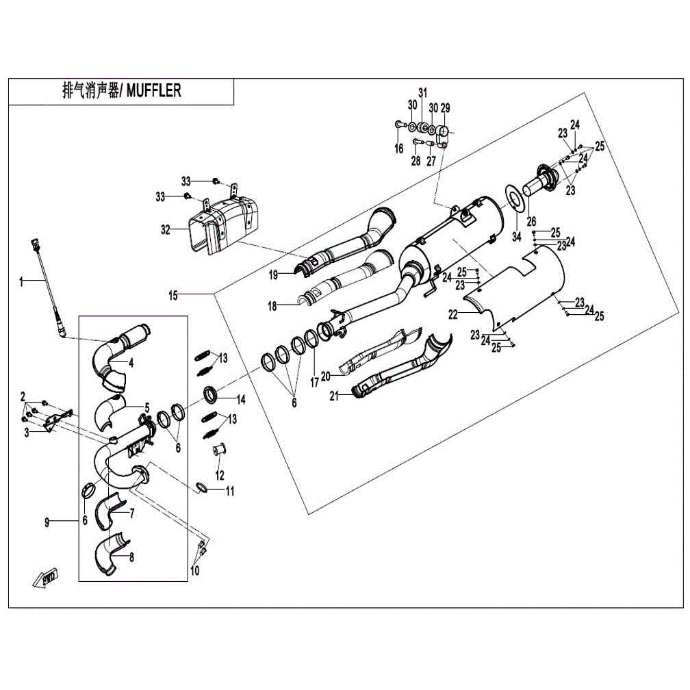 An Image of a genuine CFMOTO Parts Schematic Diagram showing the group - MUFFLER(3) - 2021 CFMOTO CFORCE 400