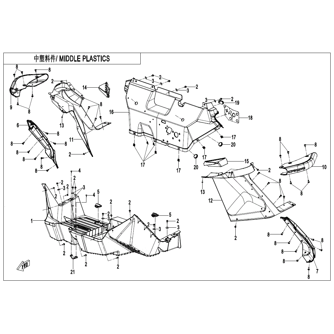 An Image of a Genuine CFMOTO Parts Schematic Diagram showing the schematic - MIDDLE PLASTIC(3) - 2021 CFMOTO ZFORCE 950 Sport