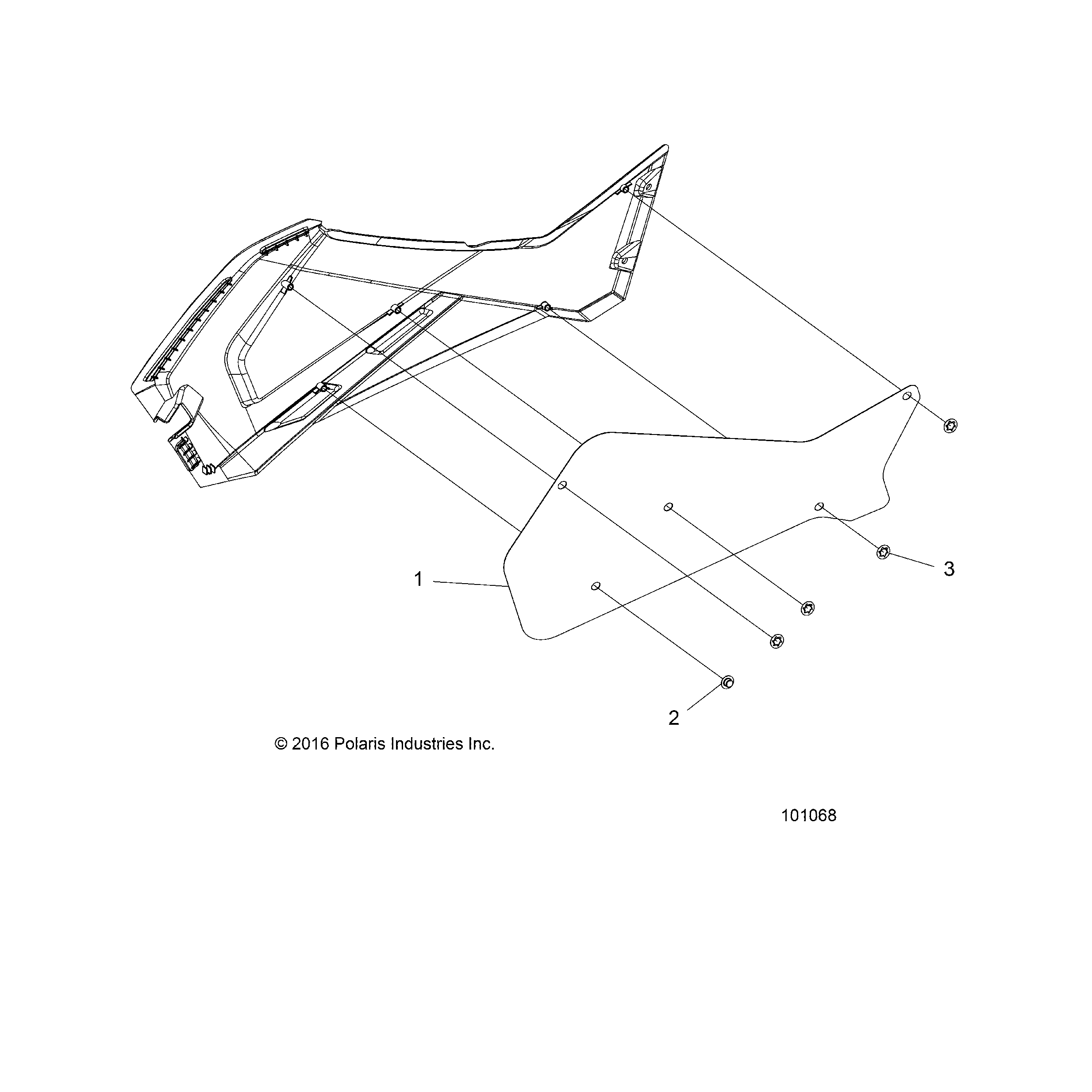An Image of a Genuine Polaris Parts Schematic Diagram showing the schematic - BODY: RIGHT HAND SIDE PANEL HEAT SHIELD AND HARDWARE 2 UP - 2016 POLARIS SPORTSMAN 570 EFI X2 EPS
