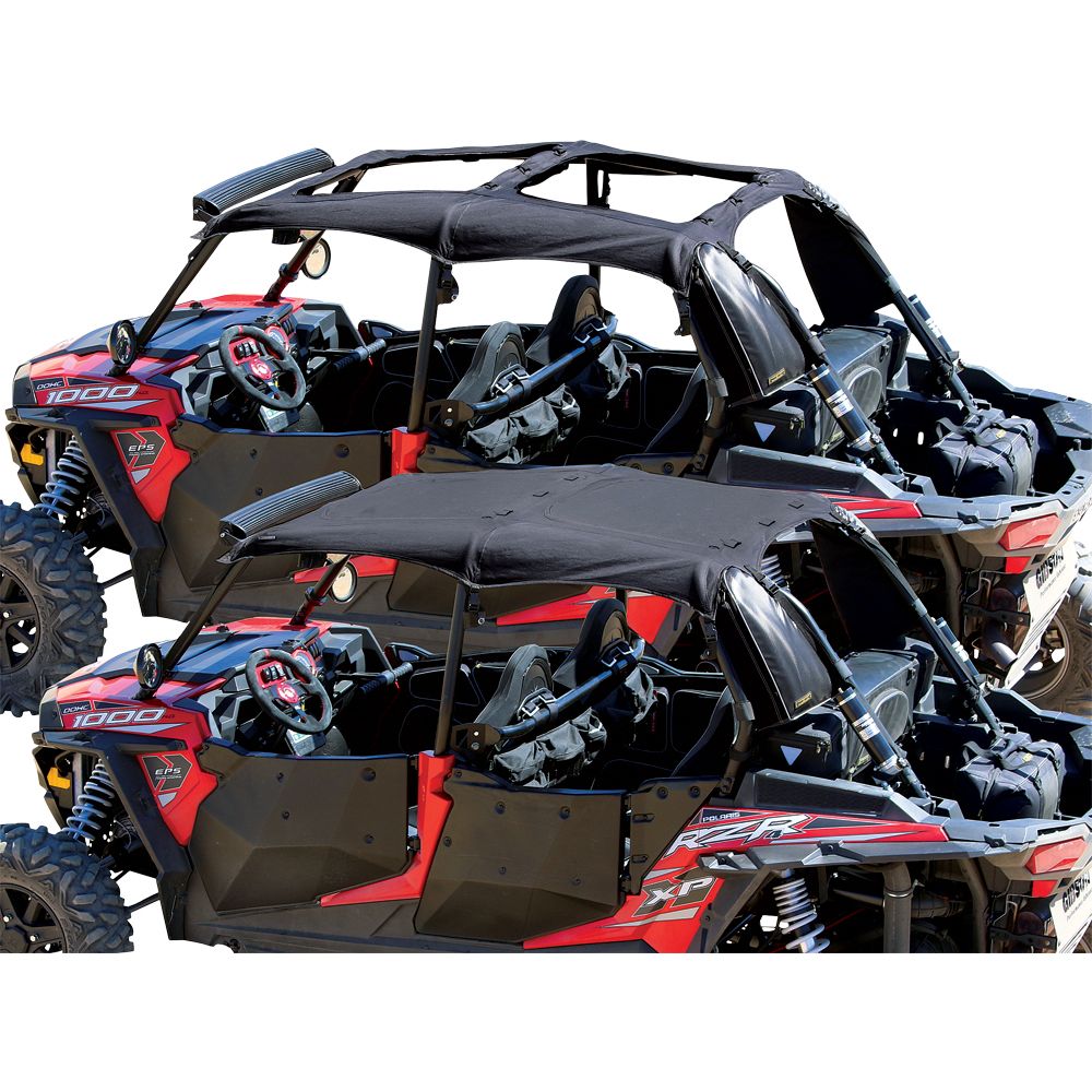 Two Polaris RZR vehicles with Nelson Rigg RZR 4 Soft Top with Sun Roof are shown side by side, featuring black soft tops, sporty bucket seats, rugged tires, open sides, and distinctive roll cages.