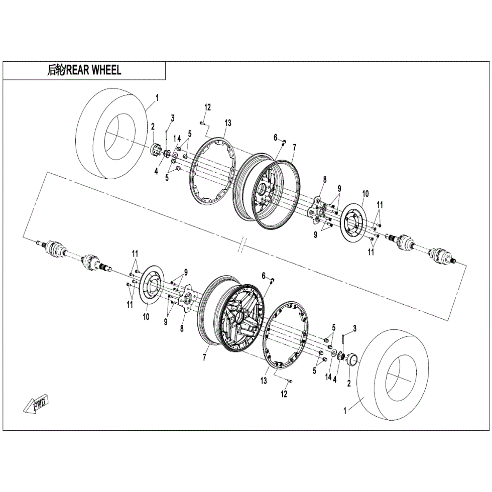 An Image of a Genuine CFMOTO Parts Schematic Diagram showing the schematic - REAR WHEEL - 2023 CFMOTO ZFORCE 950 HO Sport