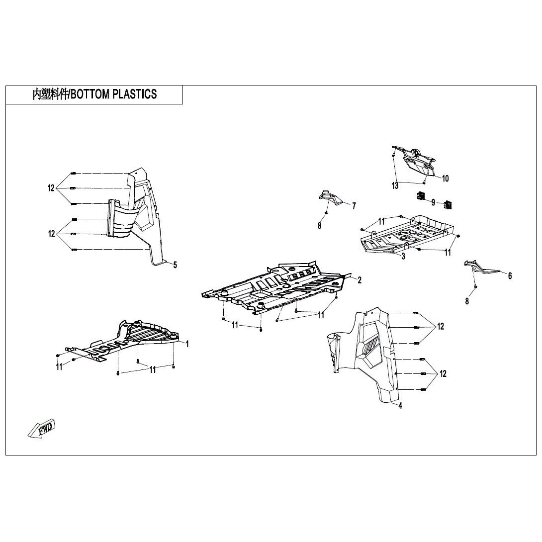 An Image of a genuine CFMOTO Parts Schematic Diagram showing the group - BOTTOM PLASTICS - 2023 CFMOTO CFORCE 1000