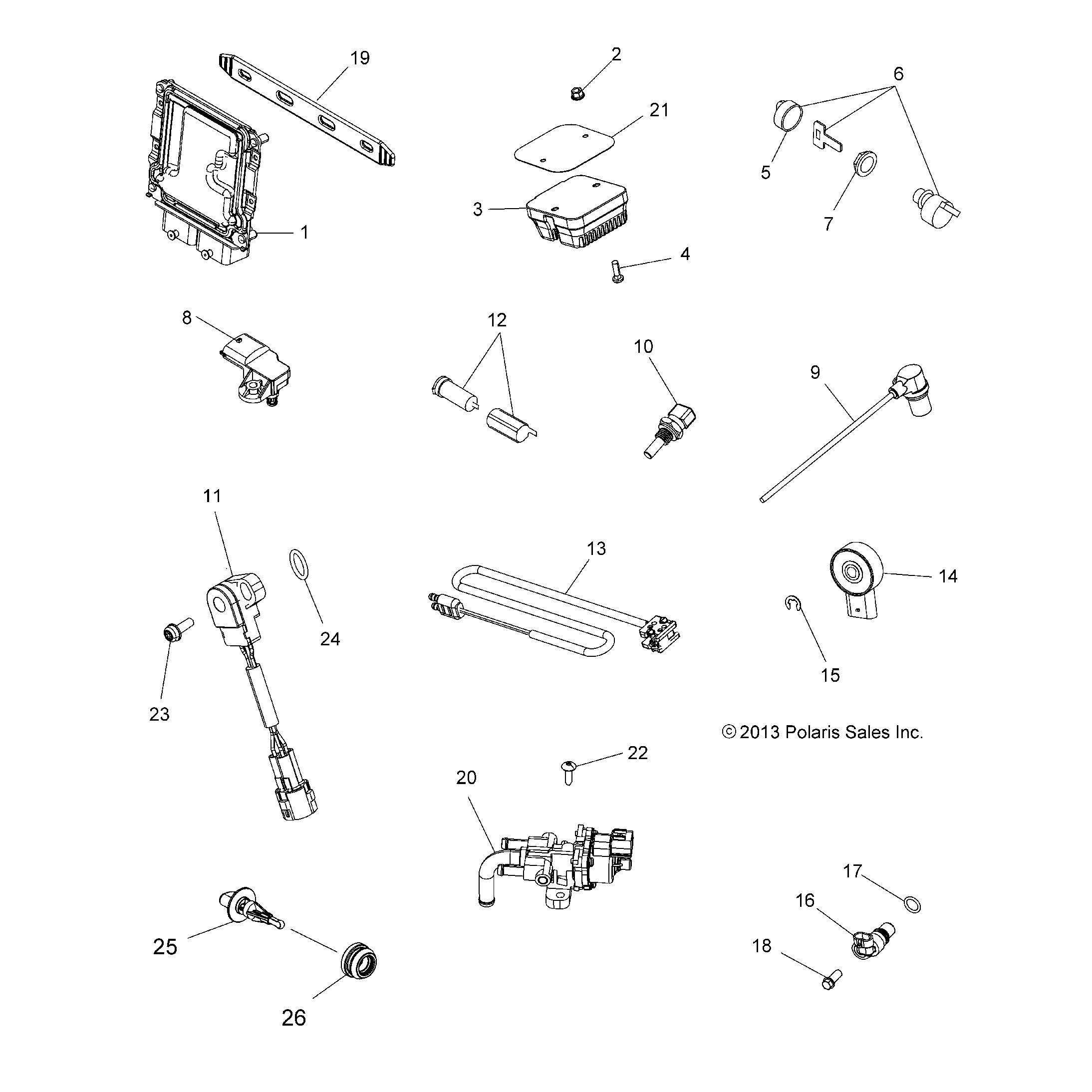 An Image of a Genuine Polaris Parts Schematic Diagram showing the schematic - ELECTRICAL: SWITCHES SENSORS ECU and CONTROL MODULES - 2015 POLARIS SCRAMBLER XP 1000
