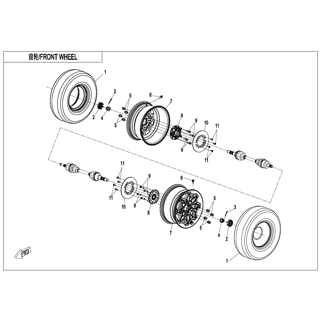 An Image of a Genuine CFMOTO Parts Schematic Diagram showing the schematic - FRONT WHEEL - 2020 CFMOTO ZFORCE 950 Sport