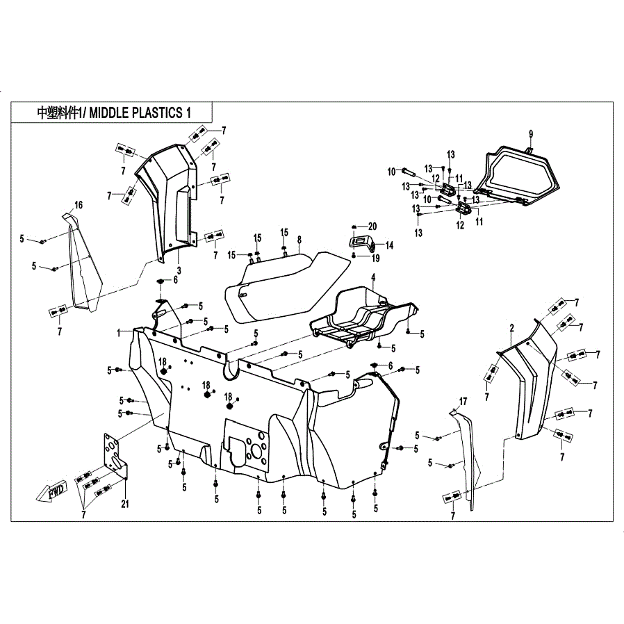 An Image of a Genuine CFMOTO Parts Schematic Diagram showing the schematic - MIDDLE PLASTICS 1 - 2019 CFMOTO ZFORCE 500