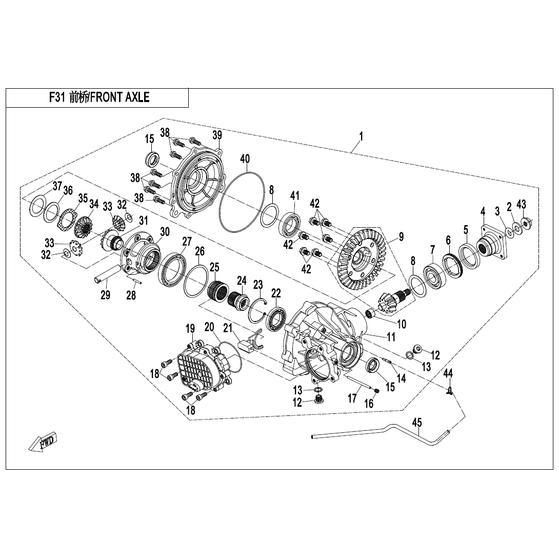 An Image of a Genuine CFMOTO Parts Schematic Diagram showing the schematic - FRONT AXLE - 2021 CFMOTO ZFORCE 800 EX