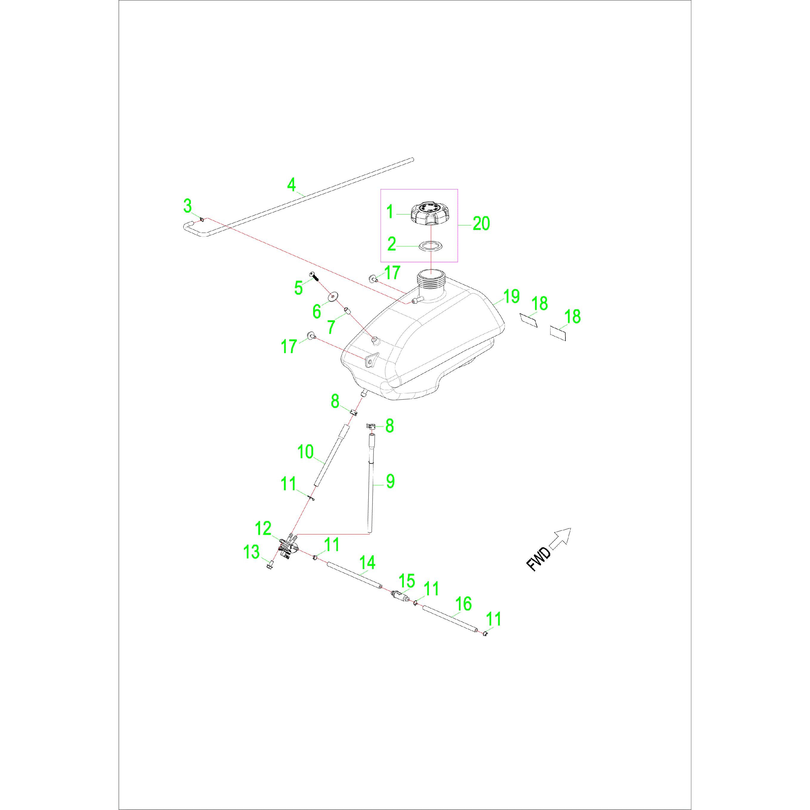 An Image of a Genuine Polaris Parts Schematic Diagram showing the schematic - BODY: FUEL TANK ASM. - 2016 POLARIS OUTLAW 90