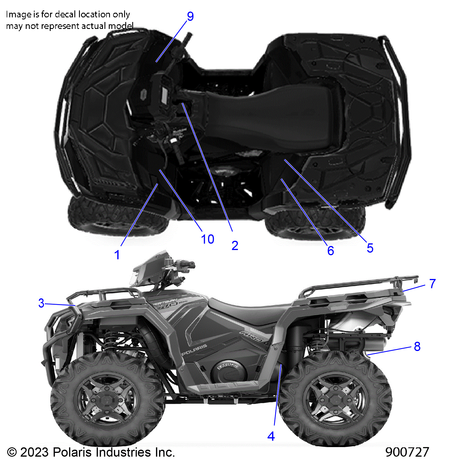 An Image of a Genuine Polaris Parts Schematic Diagram showing the schematic - BODY: DECALS STANDARD - 2024 POLARIS SPORTSMAN 570 EPS EBS RC LE