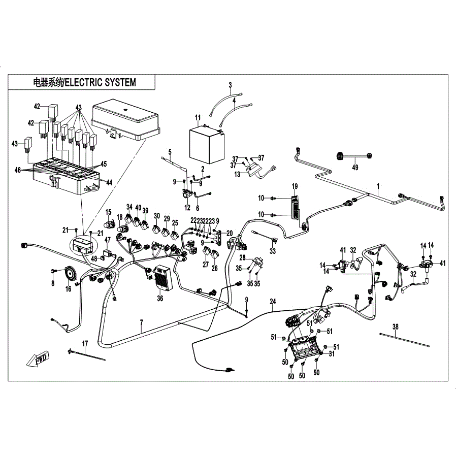 An Image of a Genuine CFMOTO Parts Schematic Diagram showing the schematic - ELECTRIC SYSTEM - 2019 CFMOTO UFORCE 1000
