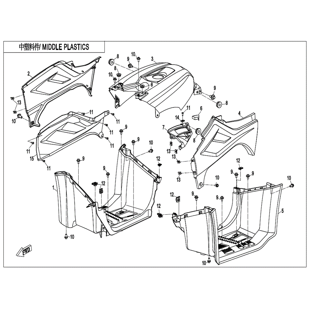 An Image of a genuine CFMOTO Parts Schematic Diagram showing the group - MIDDLE PLASTICS - 2022 CFMOTO CFORCE 400