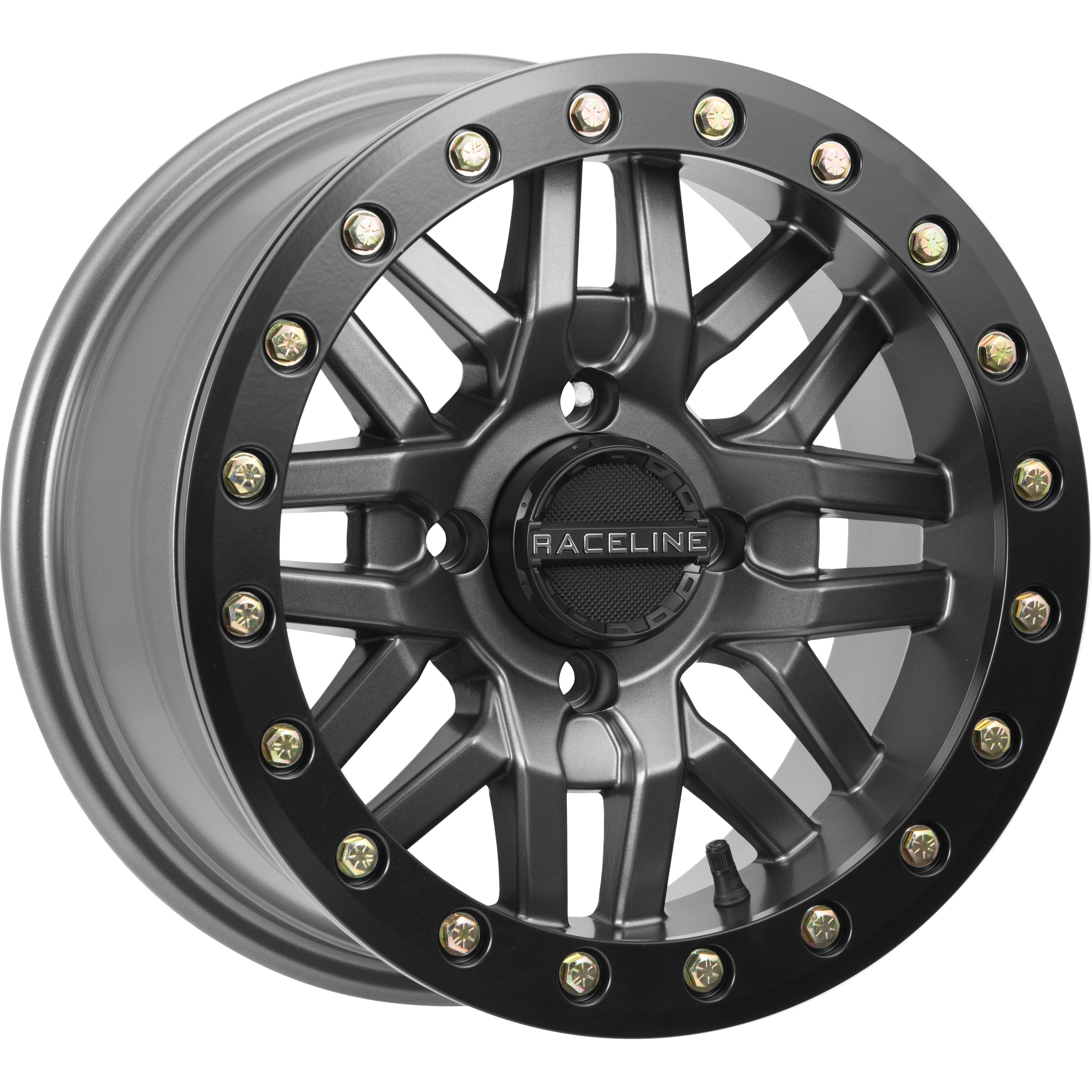 The ATV/UTV Ryno Beadlock Wheel 14x7 4/137 5+2 (+10mm) in gunmetal by Raceline features a heavy-duty multi-spoke design and beadlock bolts—ideal for UTV owners seeking durable, stylish wheels.