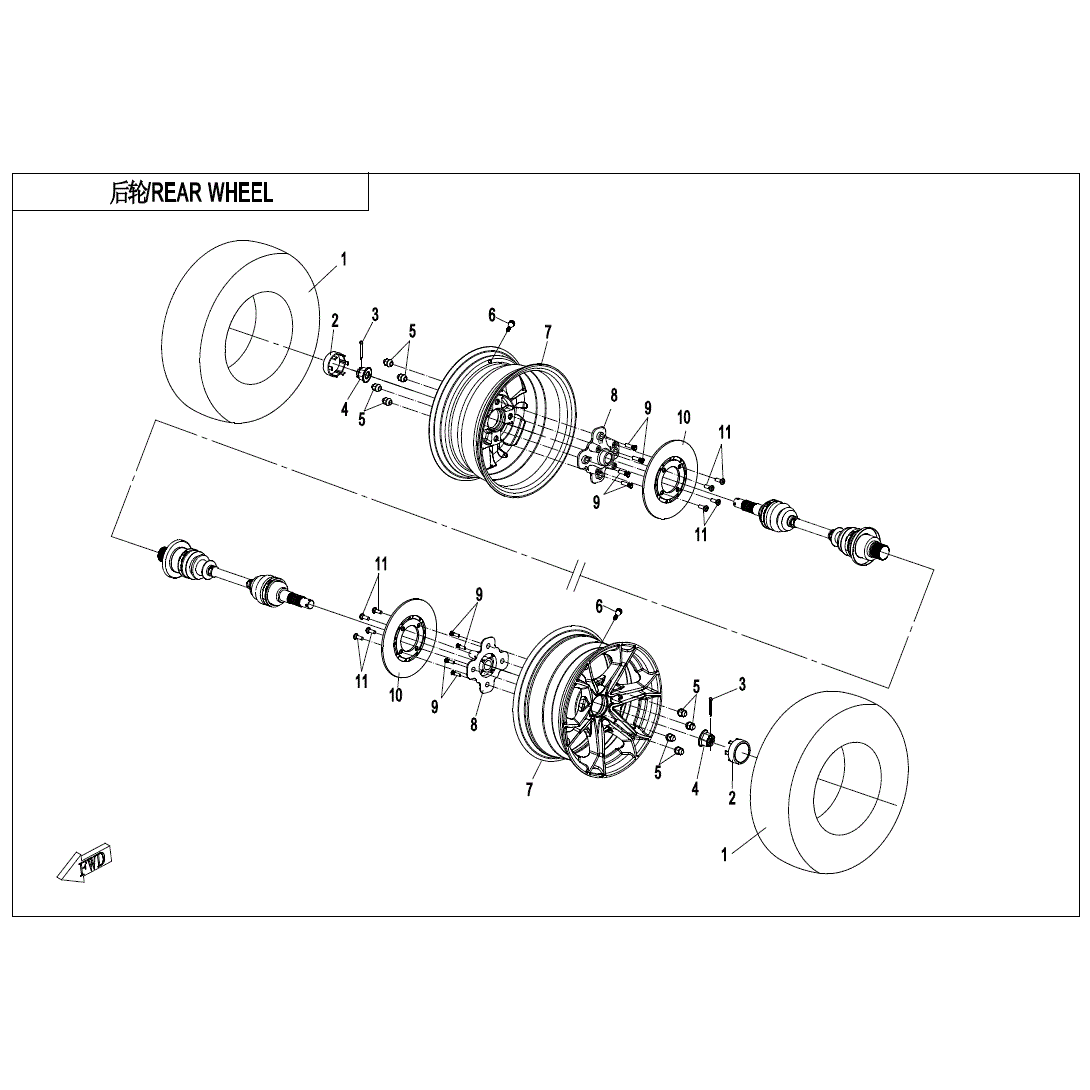 An Image of a genuine CFMOTO Parts Schematic Diagram showing the group - REAR WHEEL - 2024 CFMOTO CFORCE 800 TOURING