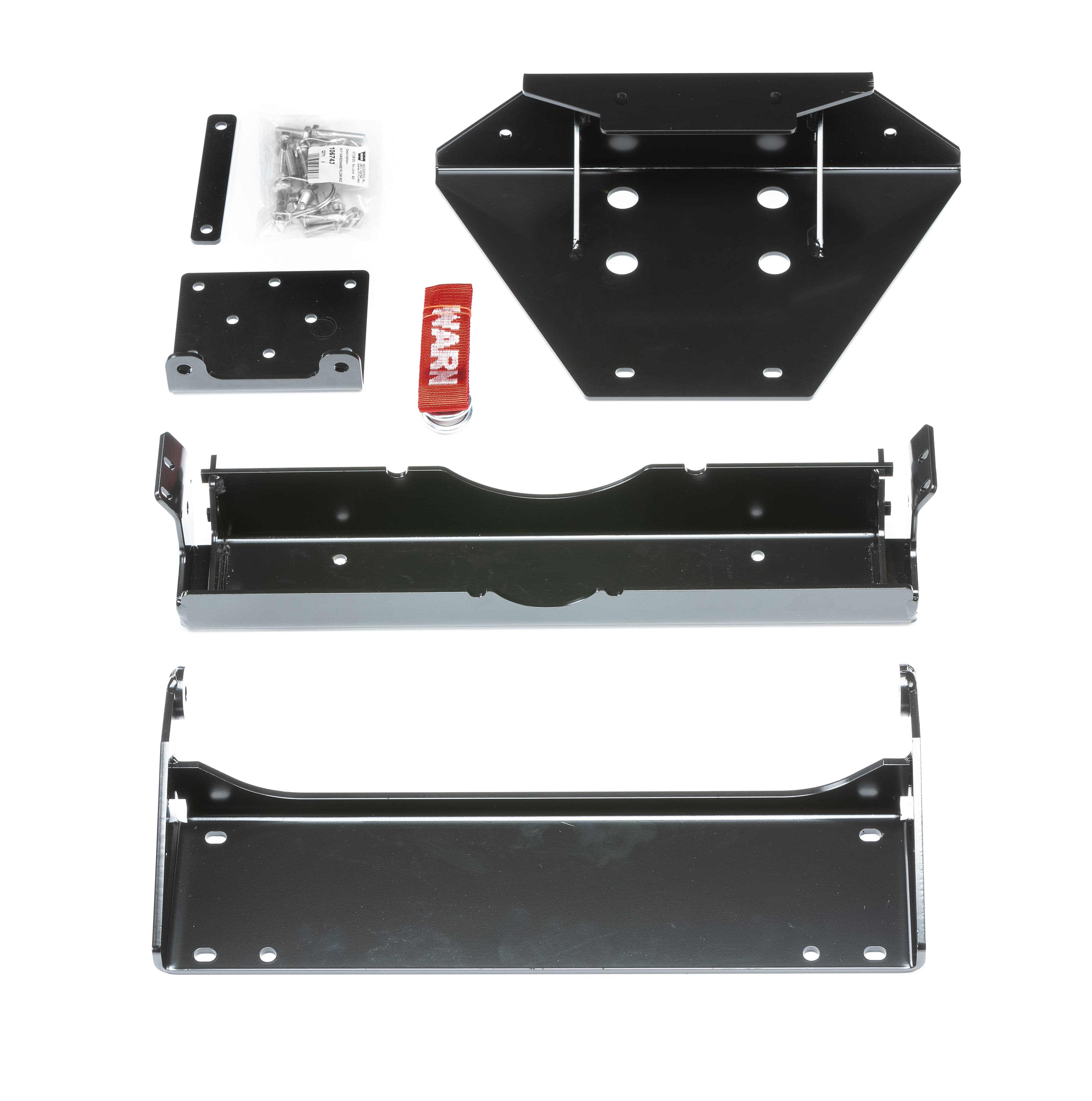 The Kawasaki Mule Pro MX (2019-2021) Provantage Front Snow Plow Mounting Kit by Warn includes black metal brackets, corrosion-resistant hardware, a red warning label, and screws—displayed neatly on a white background.