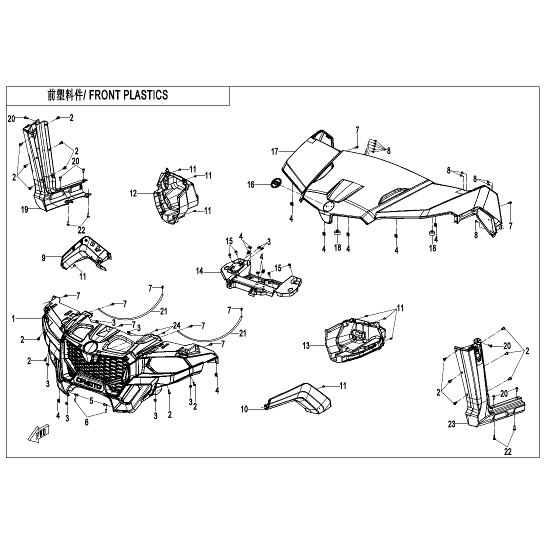 An Image of a Genuine CFMOTO Parts Schematic Diagram showing the schematic - FRONT PLASTICS - 2024 CFMOTO UFORCE 600