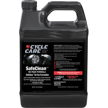 A black plastic 1-gallon bottle of Cycle Care Formulas Formula SafeClean features a handle, spout, and label detailing this biodegradable degreaser—ideal for cleaning and degreasing motorcycles.