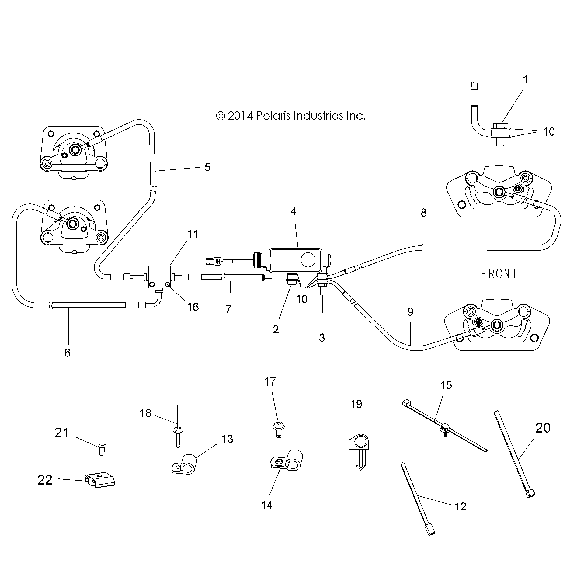 An Image of a Genuine Polaris Parts Schematic Diagram showing the schematic - BRAKES: BRAKE LINES AND MASTER CYLINDER - 2015 POLARIS SPORTSMAN ACE 325 EFI