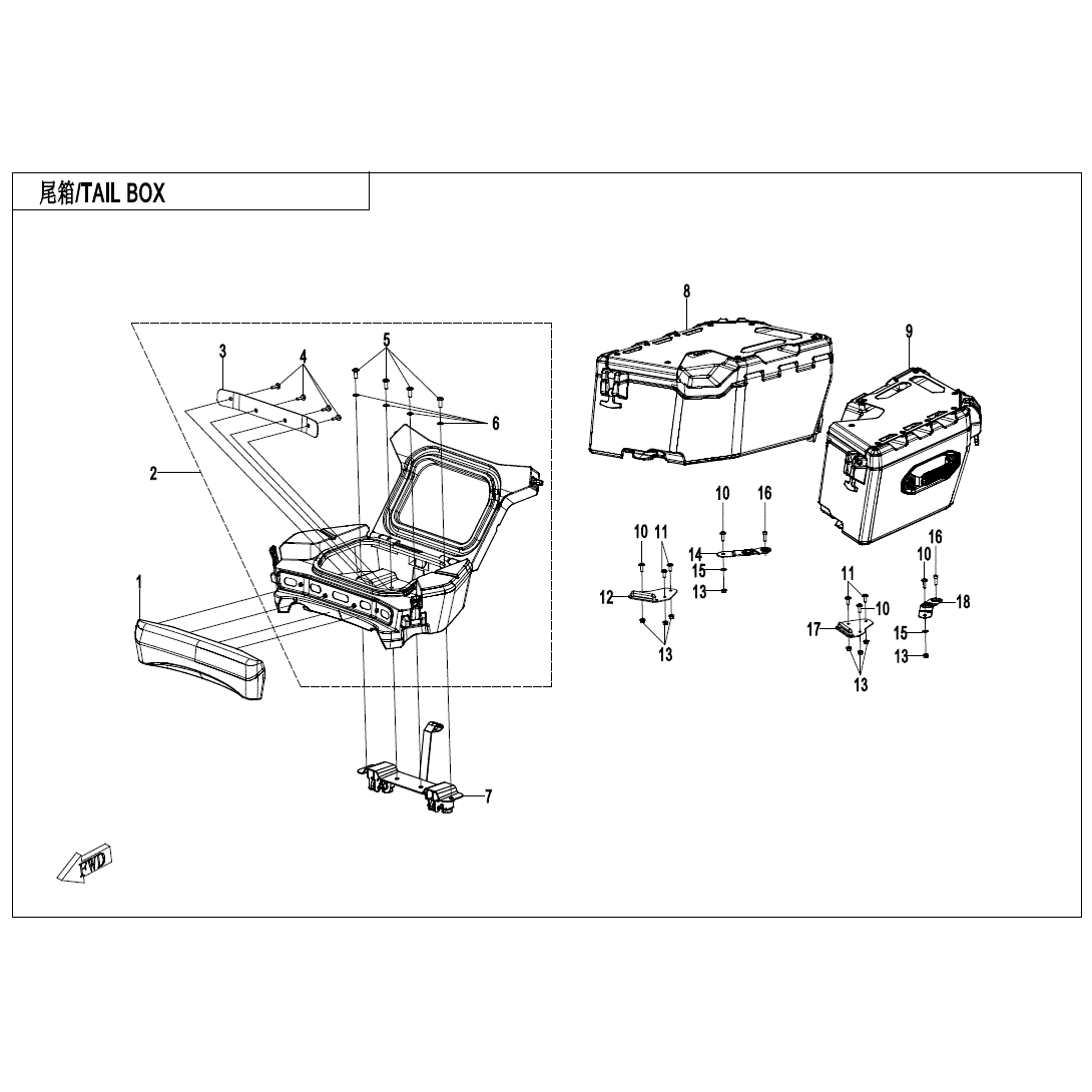 An Image of a genuine CFMOTO Parts Schematic Diagram showing the group - TAIL BOX (OVERLAND - 2025 CFMOTO CFORCE 1000 OVERLAND