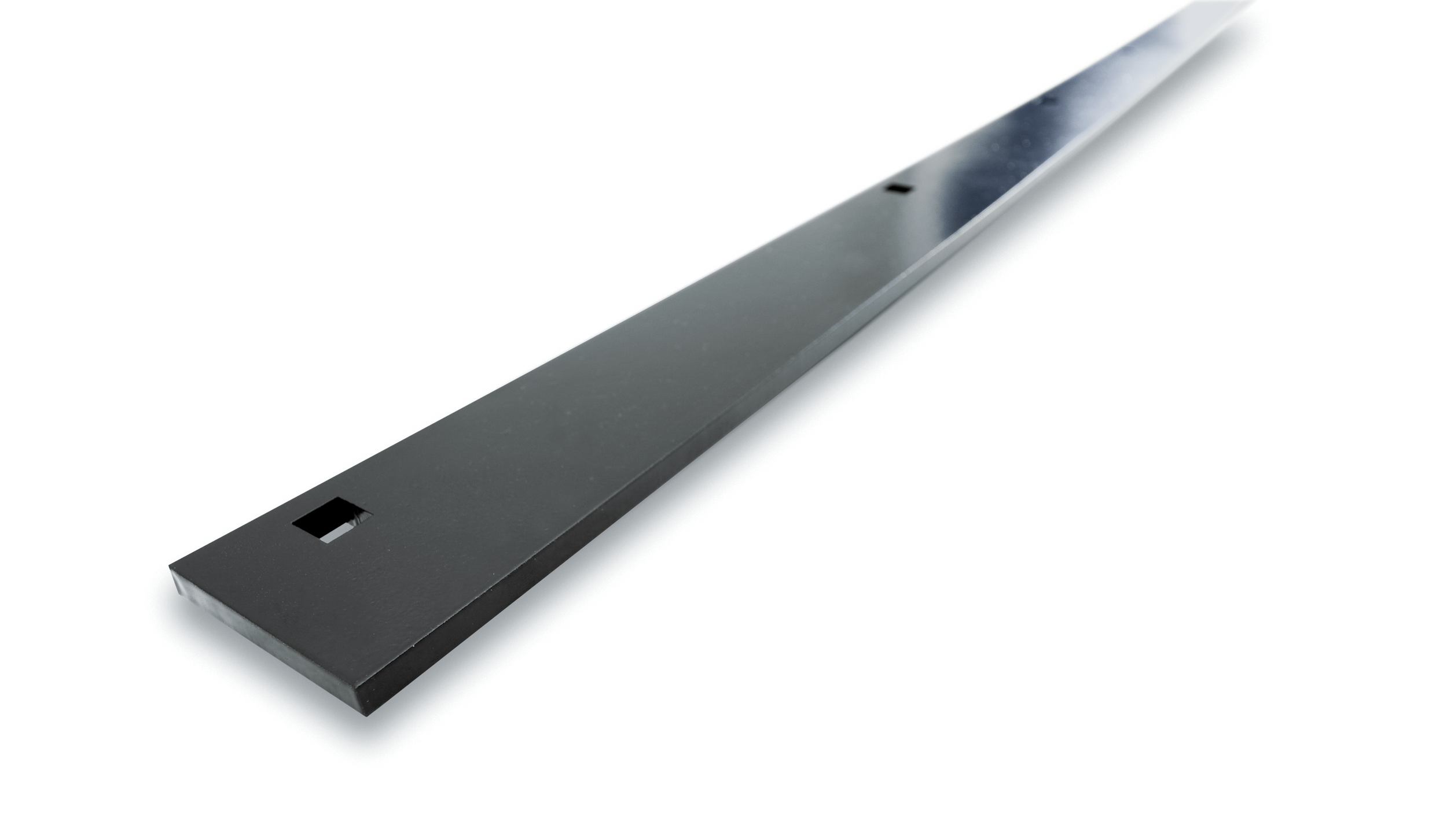 The Snow Plow Steel Wear Bar r 54 by Warn is a long, narrow, black steel bar with a smooth, reflective surface and two square holes. Its durable steel construction ensures longevity in demanding applications. Shown on a white background.