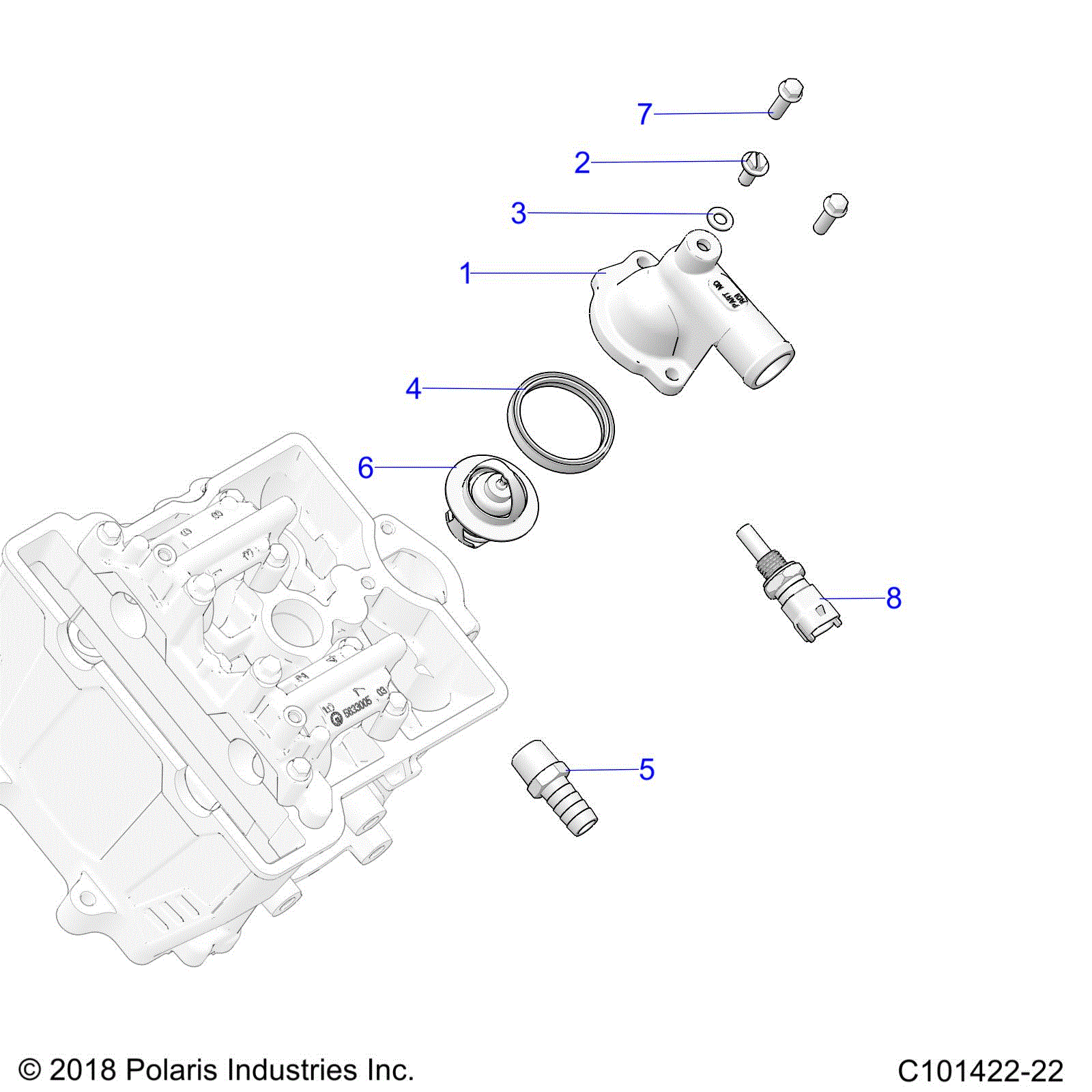 An Image of a Genuine Polaris Parts Schematic Diagram showing the schematic - ENGINE: THERMOSTAT and COVER - 2021 POLARIS SPORTSMAN 450 HO EPS