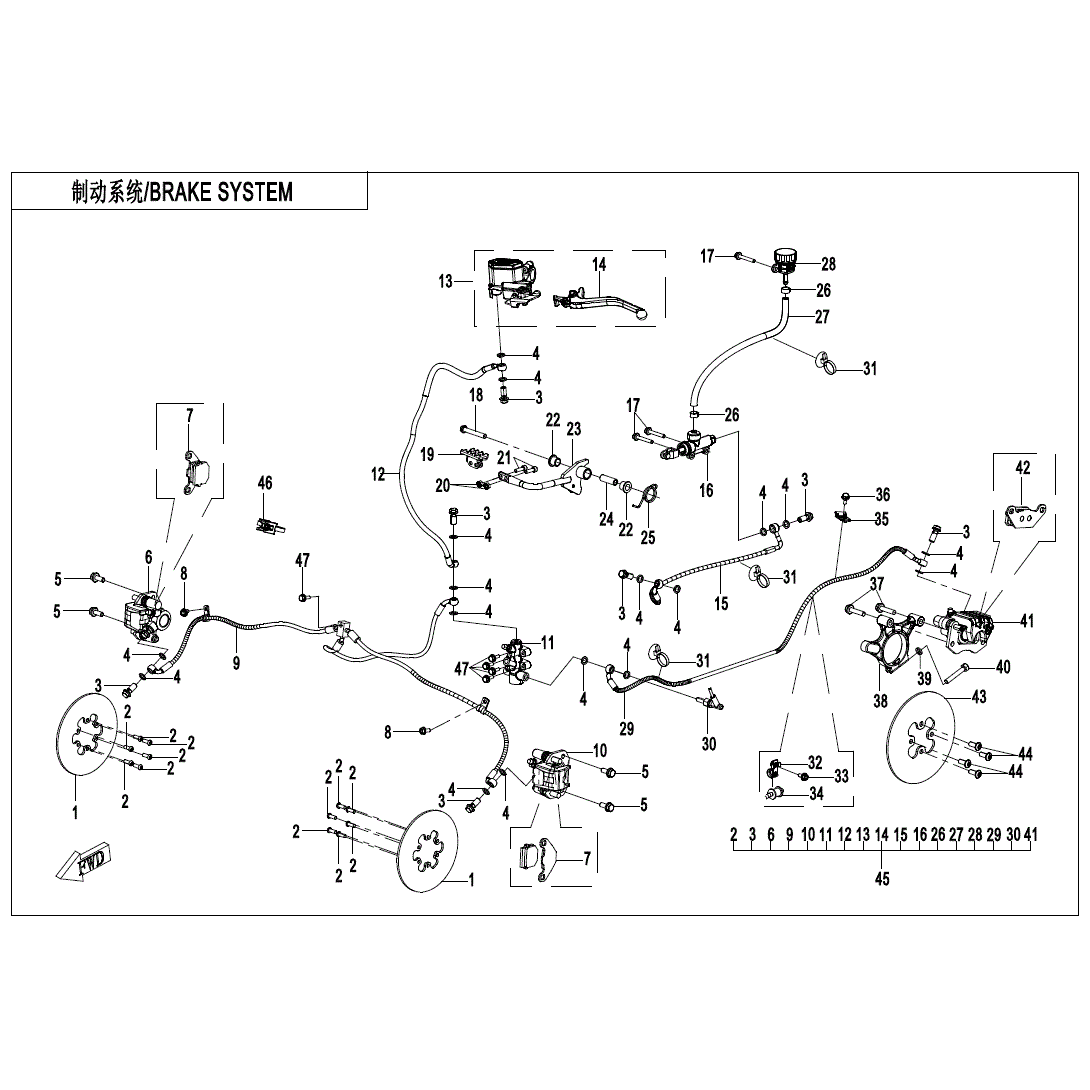 An Image of a genuine CFMOTO Parts Schematic Diagram showing the group - BRAKE SYSTEM - 2024 CFMOTO CFORCE EV110