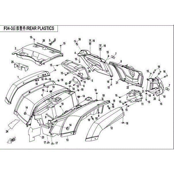 An Image of a genuine CFMOTO Parts Schematic Diagram showing the group - PLASTIC PARTS-3 - 2016 CFMOTO CFORCE 500 HO