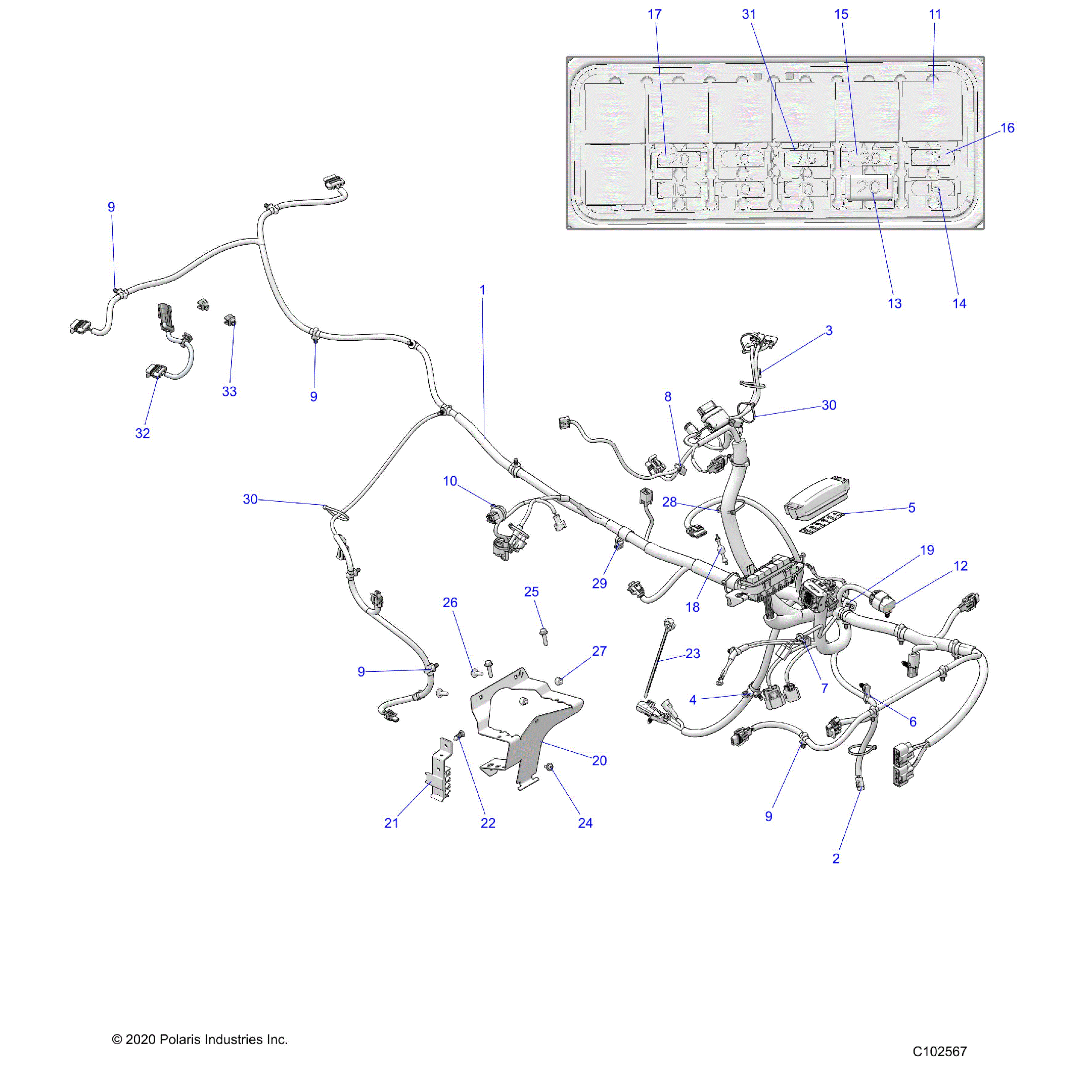 An Image of a Genuine Polaris Parts Schematic Diagram showing the schematic - ELECTRICAL: MAIN WIRE HARNESS - 2025 POLARIS SPORTSMAN 570 EPS EBS TRAIL