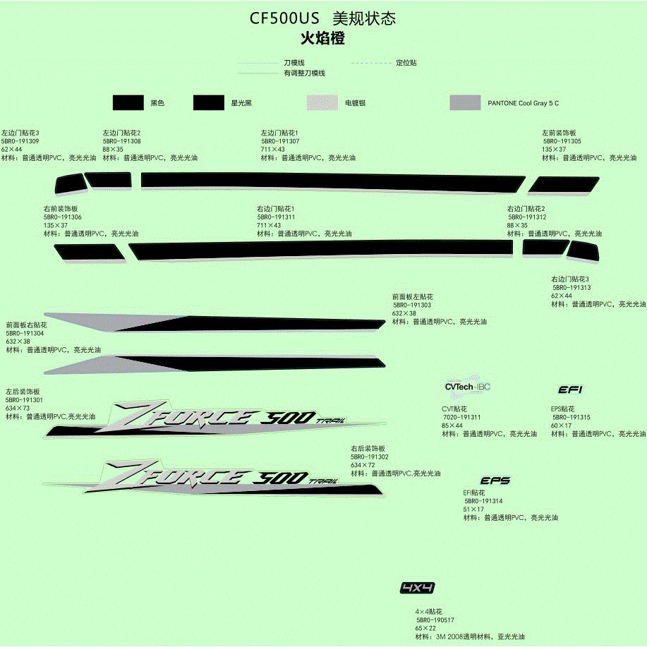An Image of a Genuine CFMOTO Parts Schematic Diagram showing the schematic - DECAL - 2021 CFMOTO ZFORCE 500