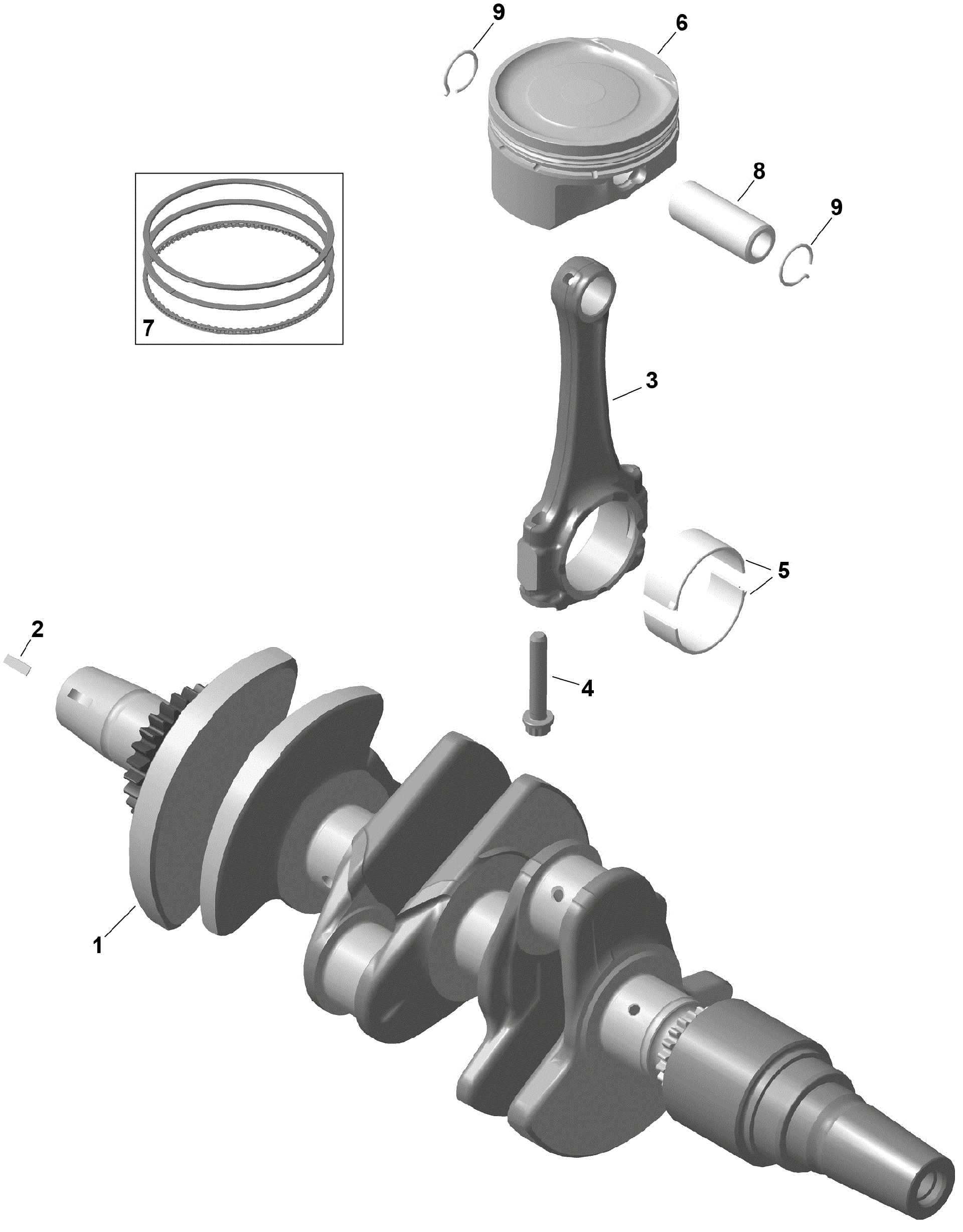 An Image of a Genuine Can-Am Parts Schematic Diagram showing the schematic - ROTAX - CRANKSHAFT AND PISTONS