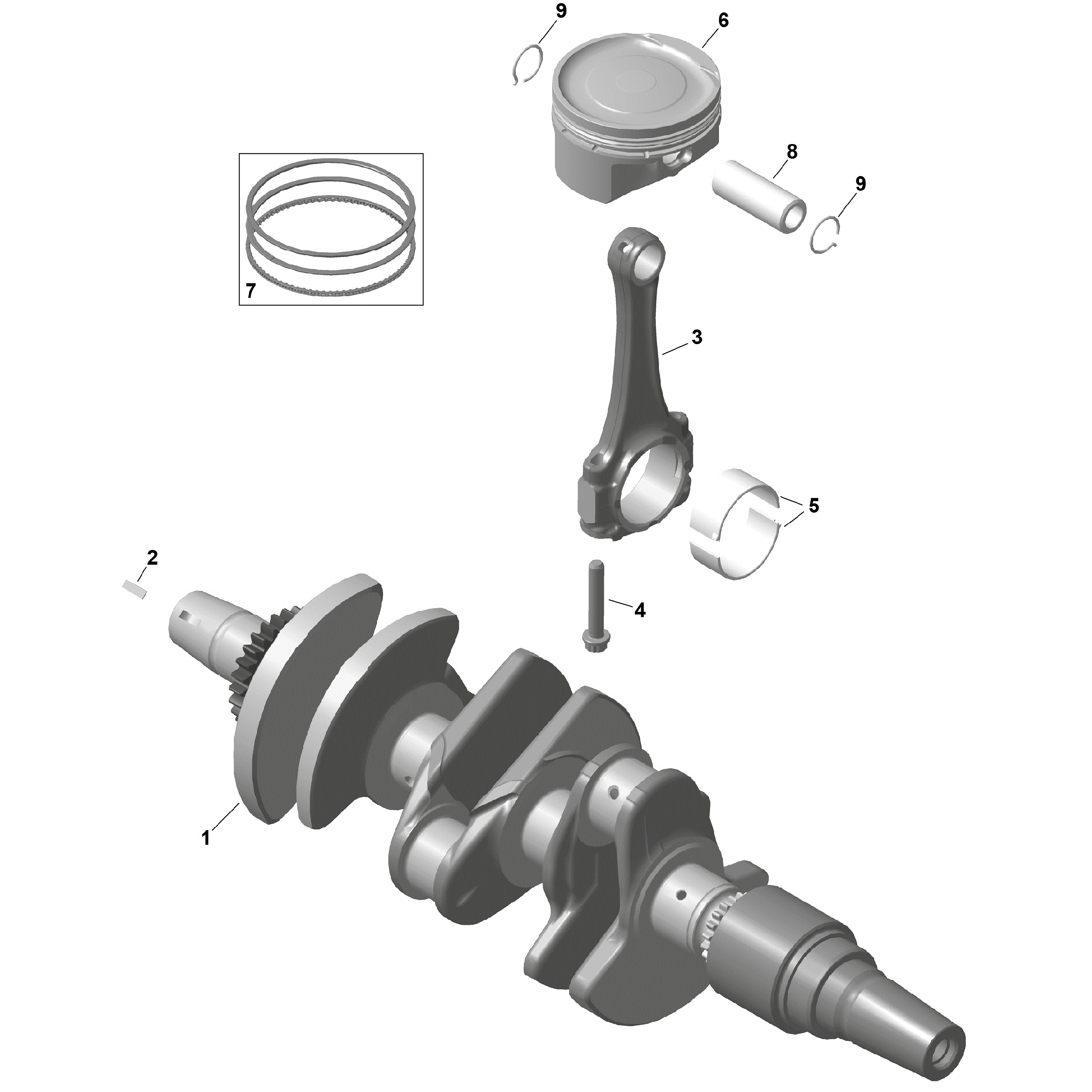 An Image of a Genuine Can-Am Parts Schematic Diagram showing the schematic - ROTAX - CRANKSHAFT AND PISTONS
