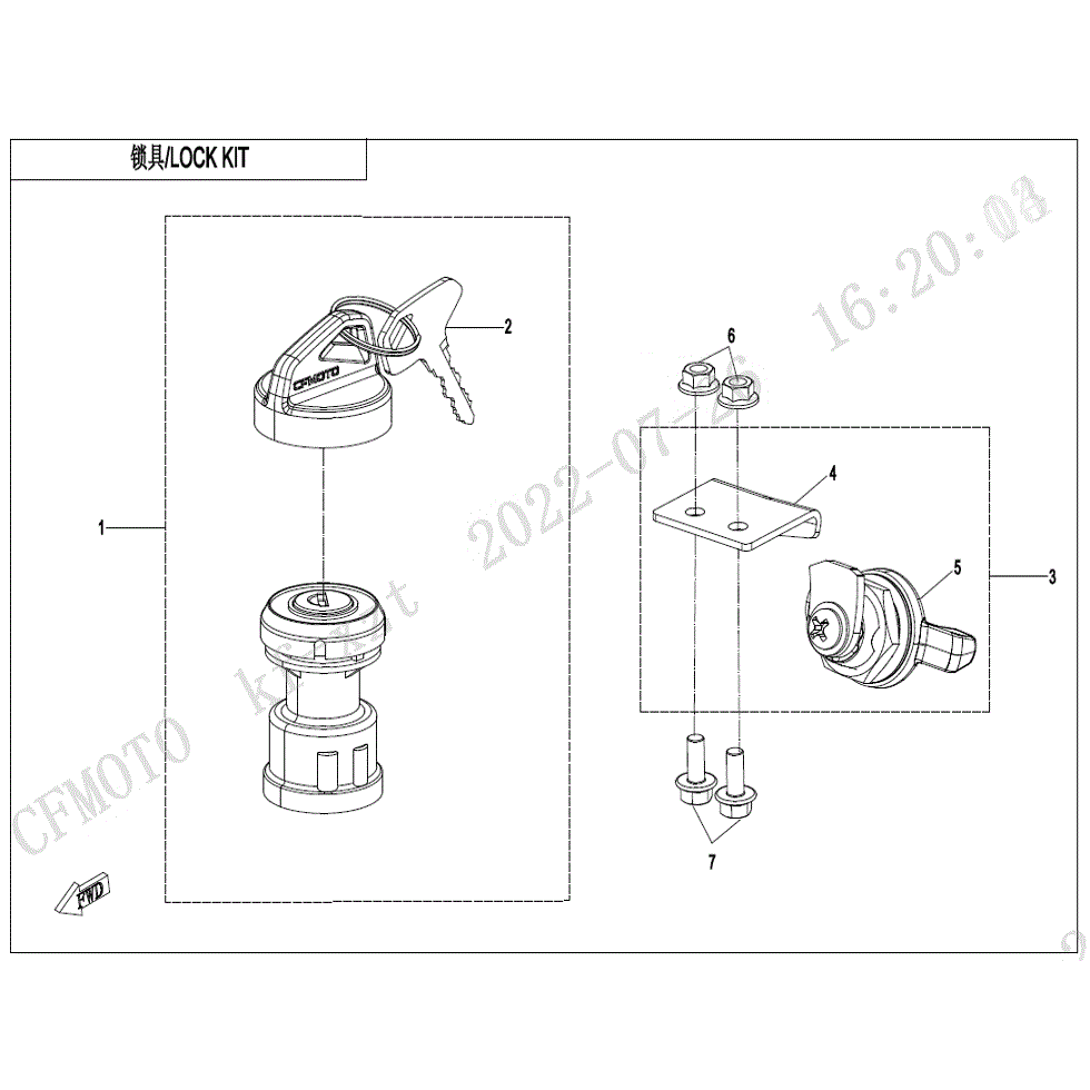 An Image of a Genuine CFMOTO Parts Schematic Diagram showing the schematic - LOCK KIT - 2022 CFMOTO ZFORCE 950 HO Sport