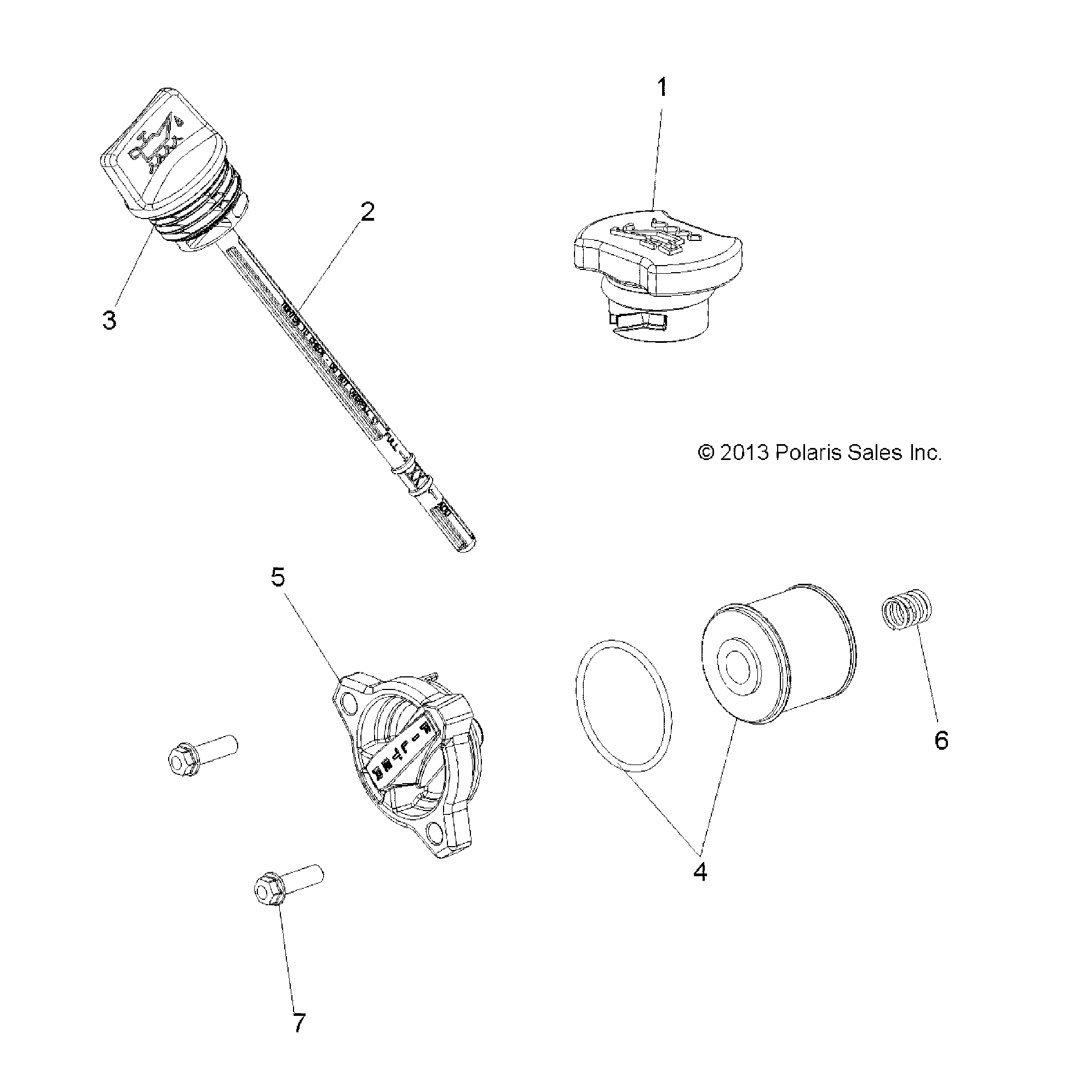 An Image of a Genuine Polaris Parts Schematic Diagram showing the schematic - ENGINE: OIL FILTER DIPSTICK AND FILL CAP - 2015 POLARIS SPORTSMAN ACE 325 EFI